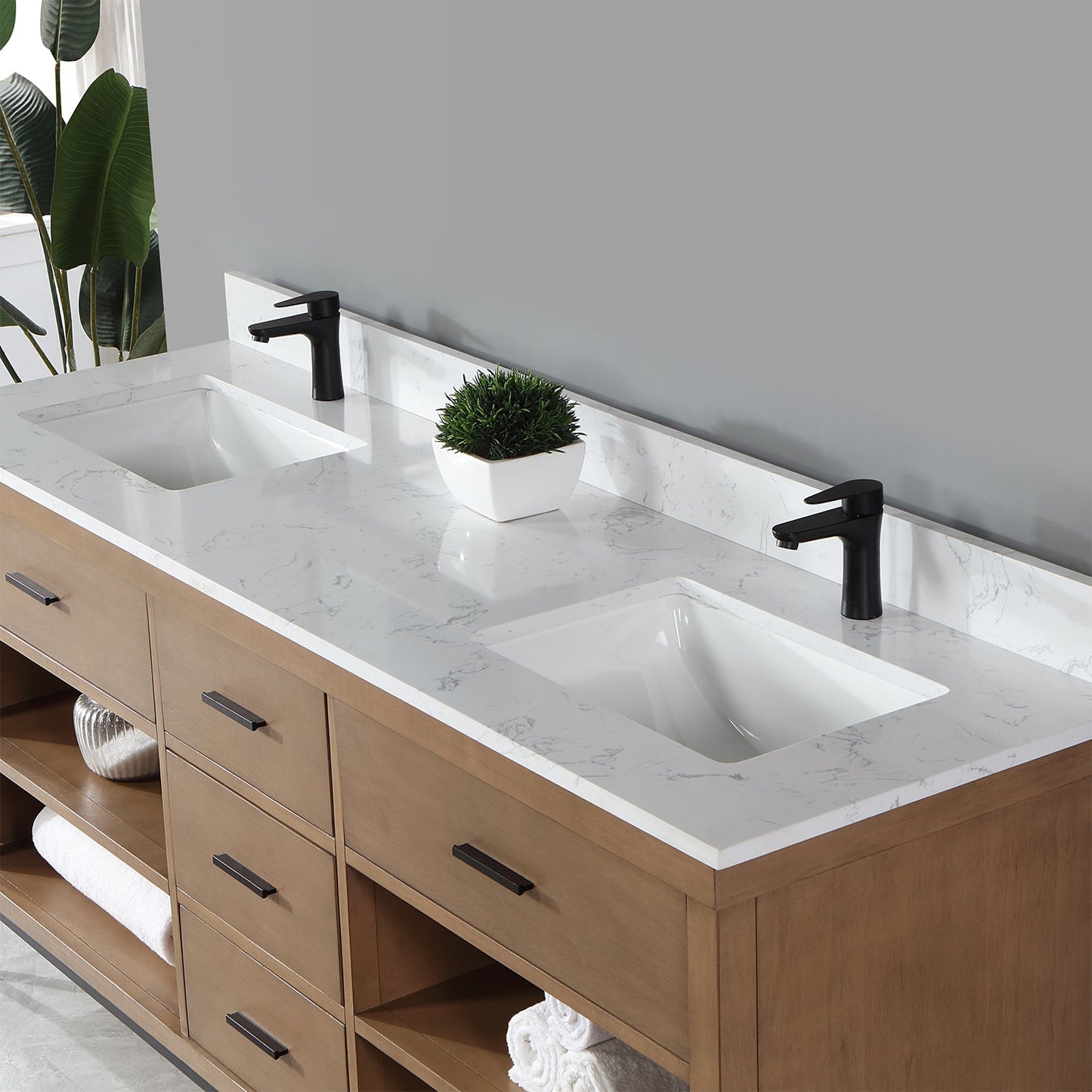 Kesia 72" Double Bathroom Vanity Set in Brown Pine with Aosta White Engineered Stone Countertop without Mirror