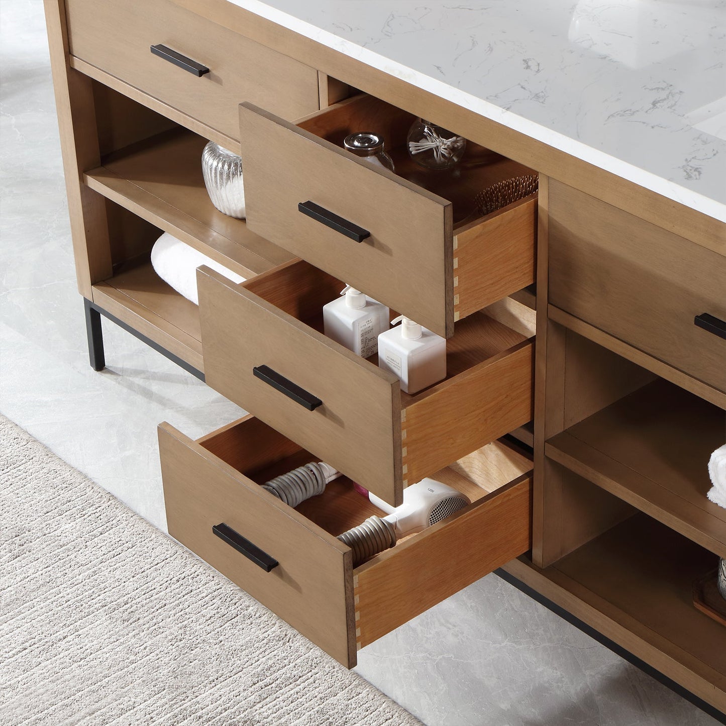 Kesia 72" Double Bathroom Vanity Set in Brown Pine with Aosta White Engineered Stone Countertop without Mirror