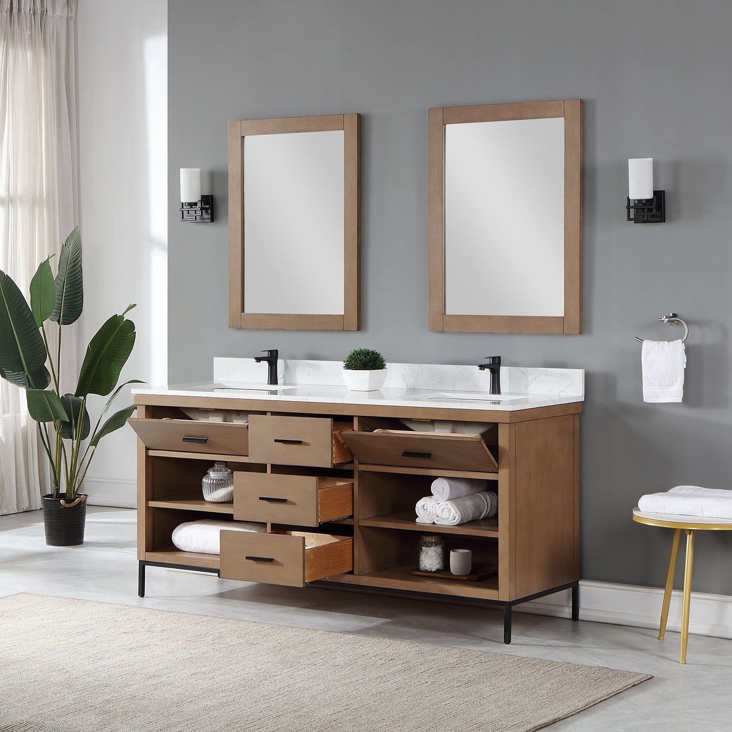 Kesia 72" Double Bathroom Vanity Set in Brown Pine with Aosta White Engineered Stone Countertop with Mirror