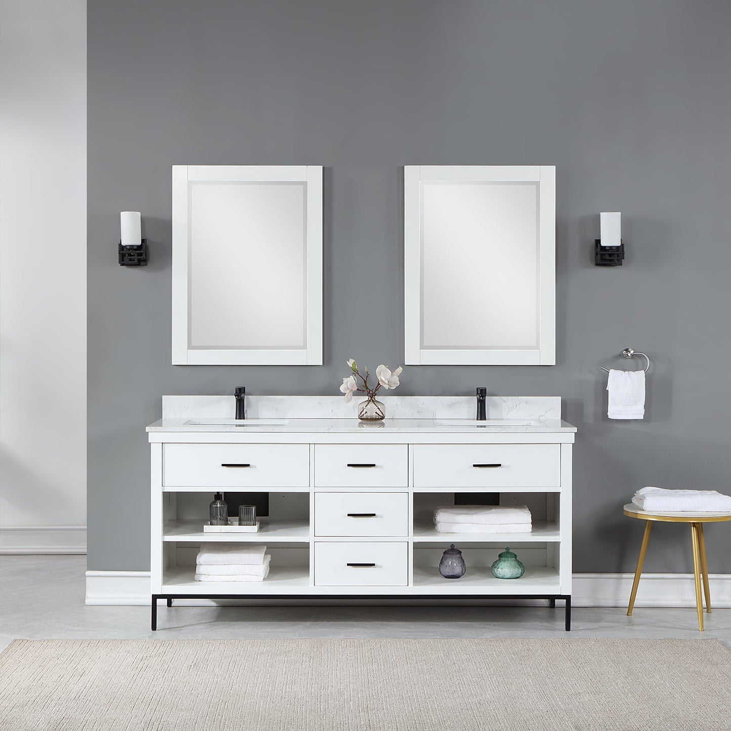 Kesia 72" Double Bathroom Vanity Set in White with Aosta White Engineered Stone Countertop with Mirror