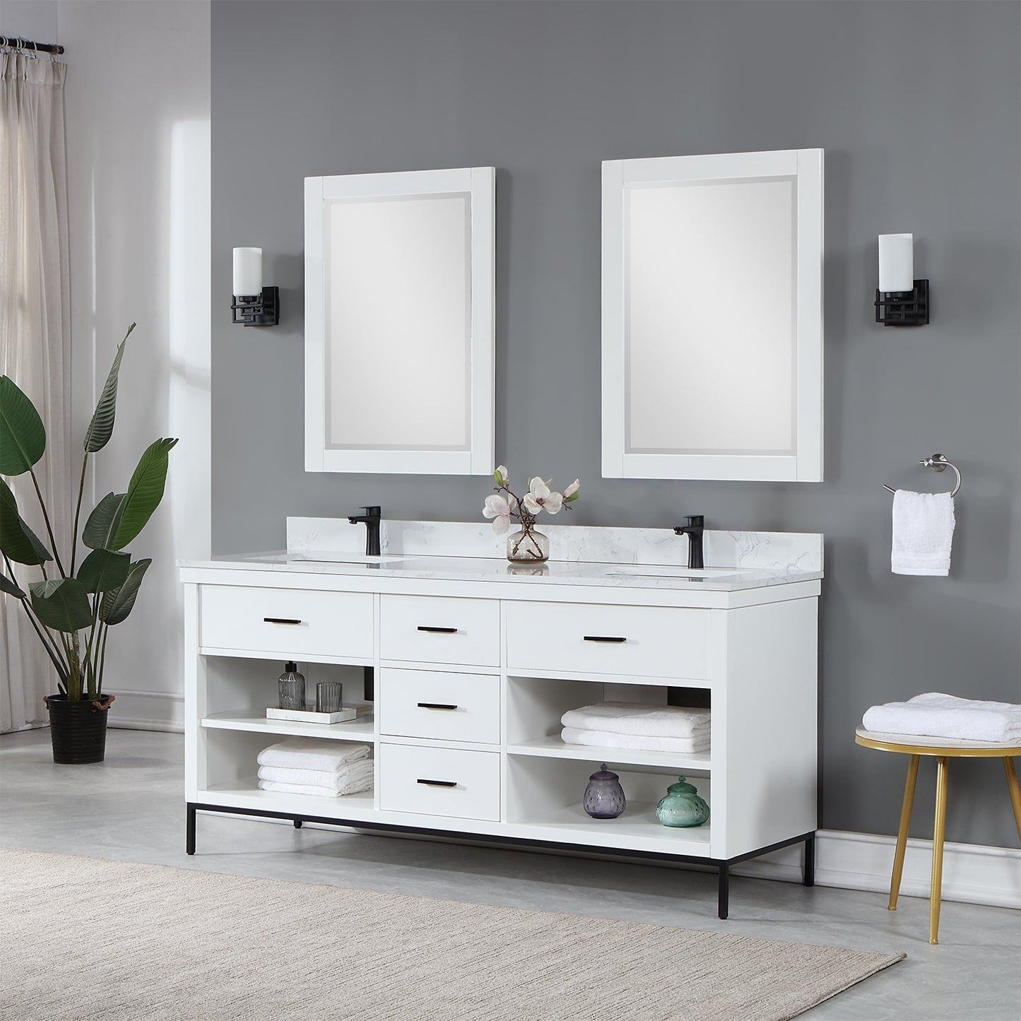 Kesia 72" Double Bathroom Vanity Set in White with Aosta White Engineered Stone Countertop with Mirror