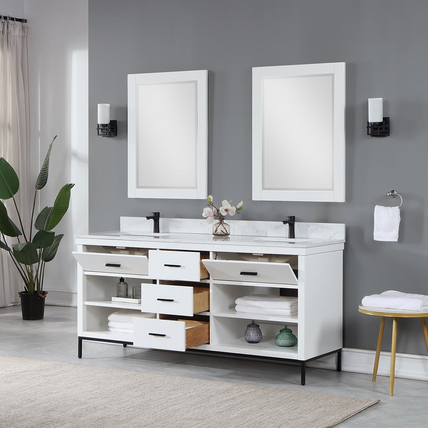 Kesia 72" Double Bathroom Vanity Set in White with Aosta White Engineered Stone Countertop with Mirror