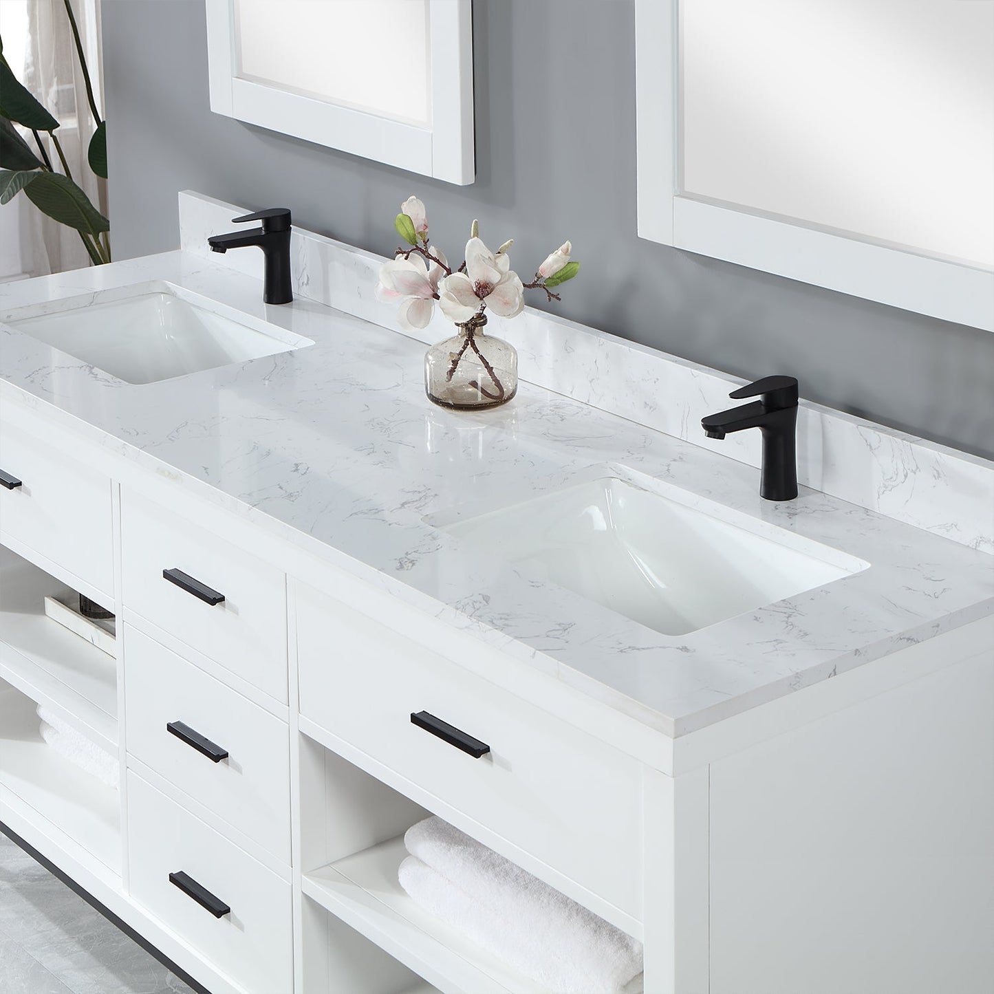 Kesia 72" Double Bathroom Vanity Set in White with Aosta White Engineered Stone Countertop with Mirror
