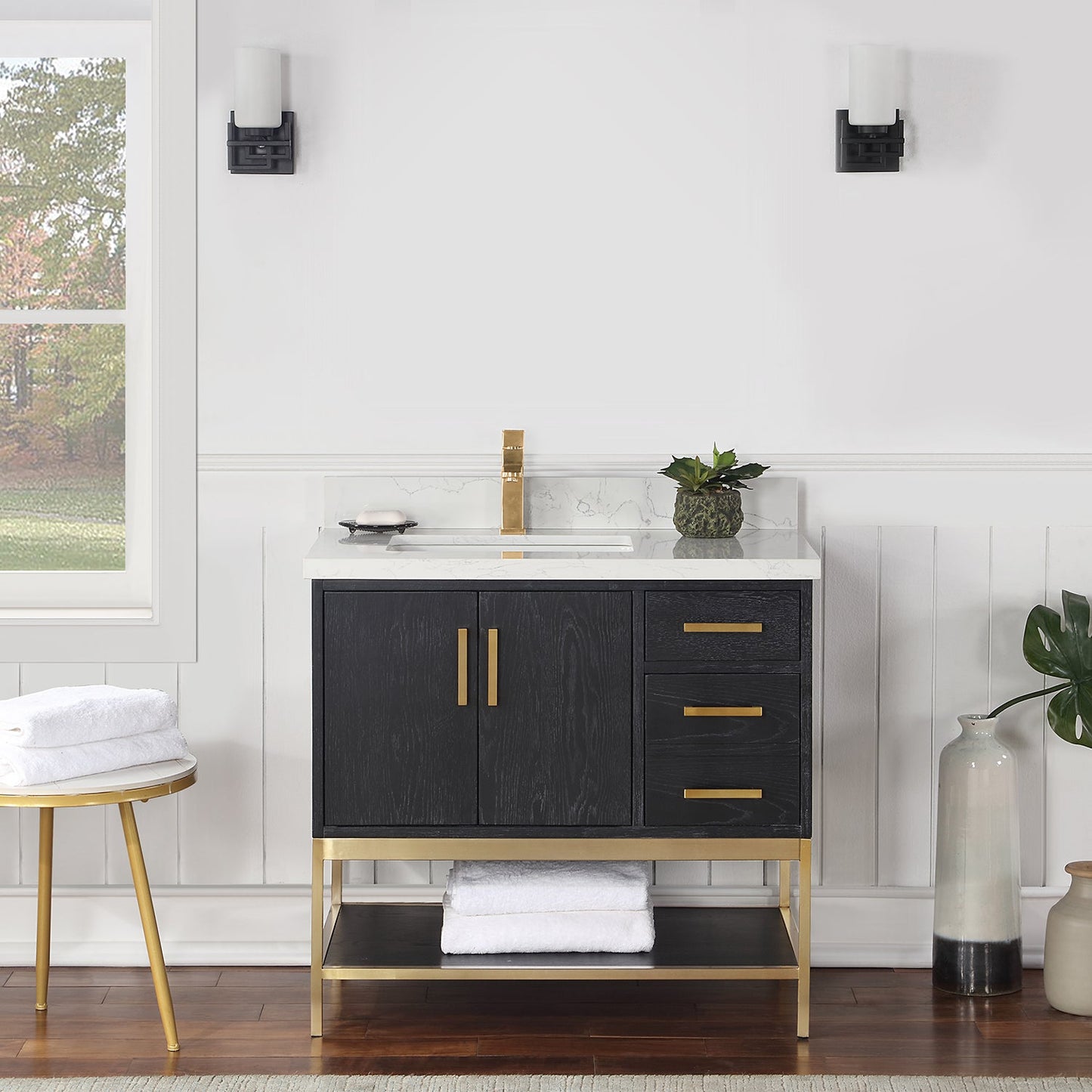 Wildy 36" Single Bathroom Vanity Set in Black Oak with Grain White Engineered Stone Countertop without Mirror