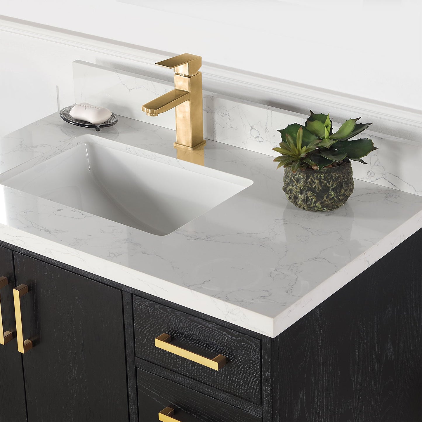 Wildy 36" Single Bathroom Vanity Set in Black Oak with Grain White Engineered Stone Countertop without Mirror