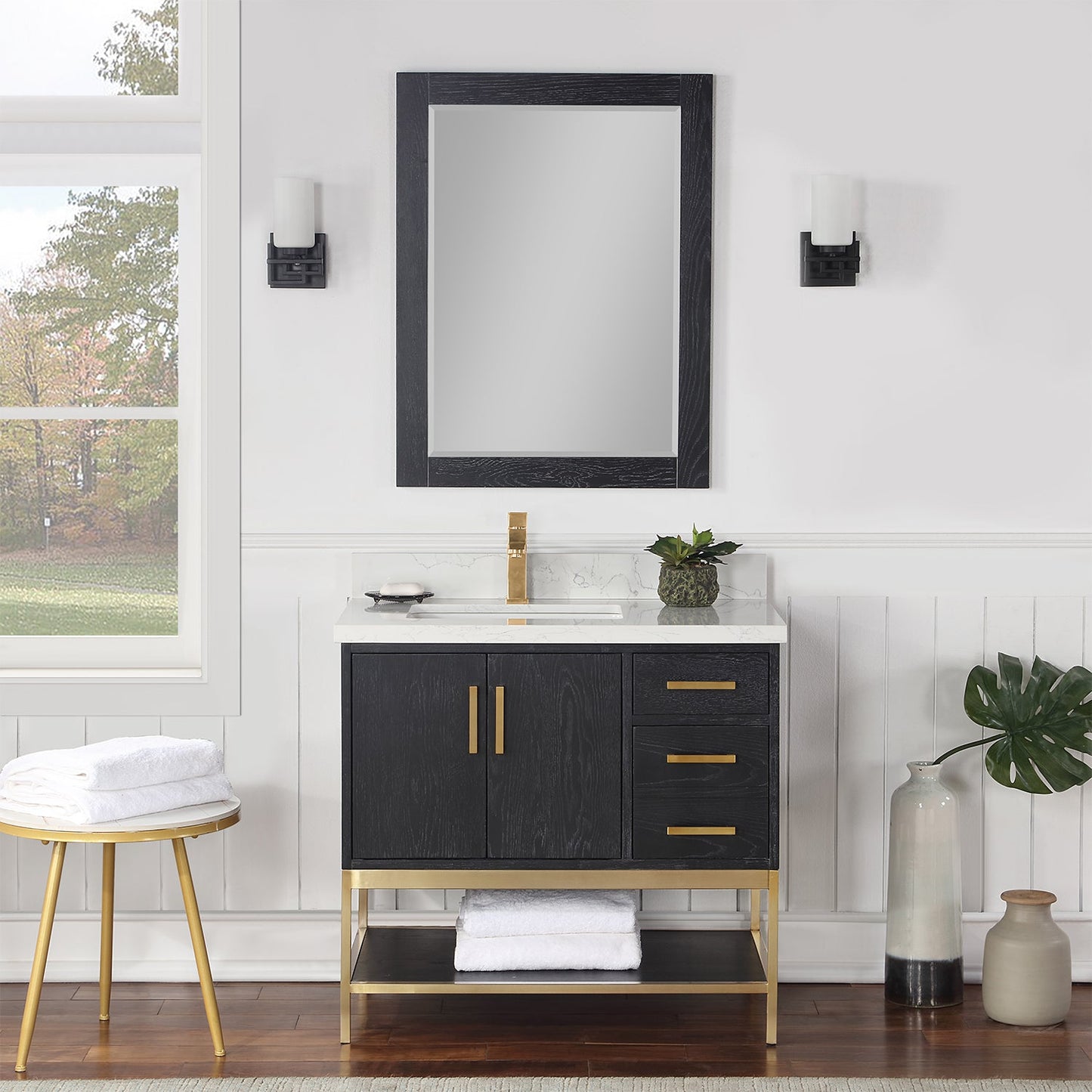 Wildy 36" Single Bathroom Vanity Set in Black Oak with Grain White Engineered Stone Countertop with Mirror