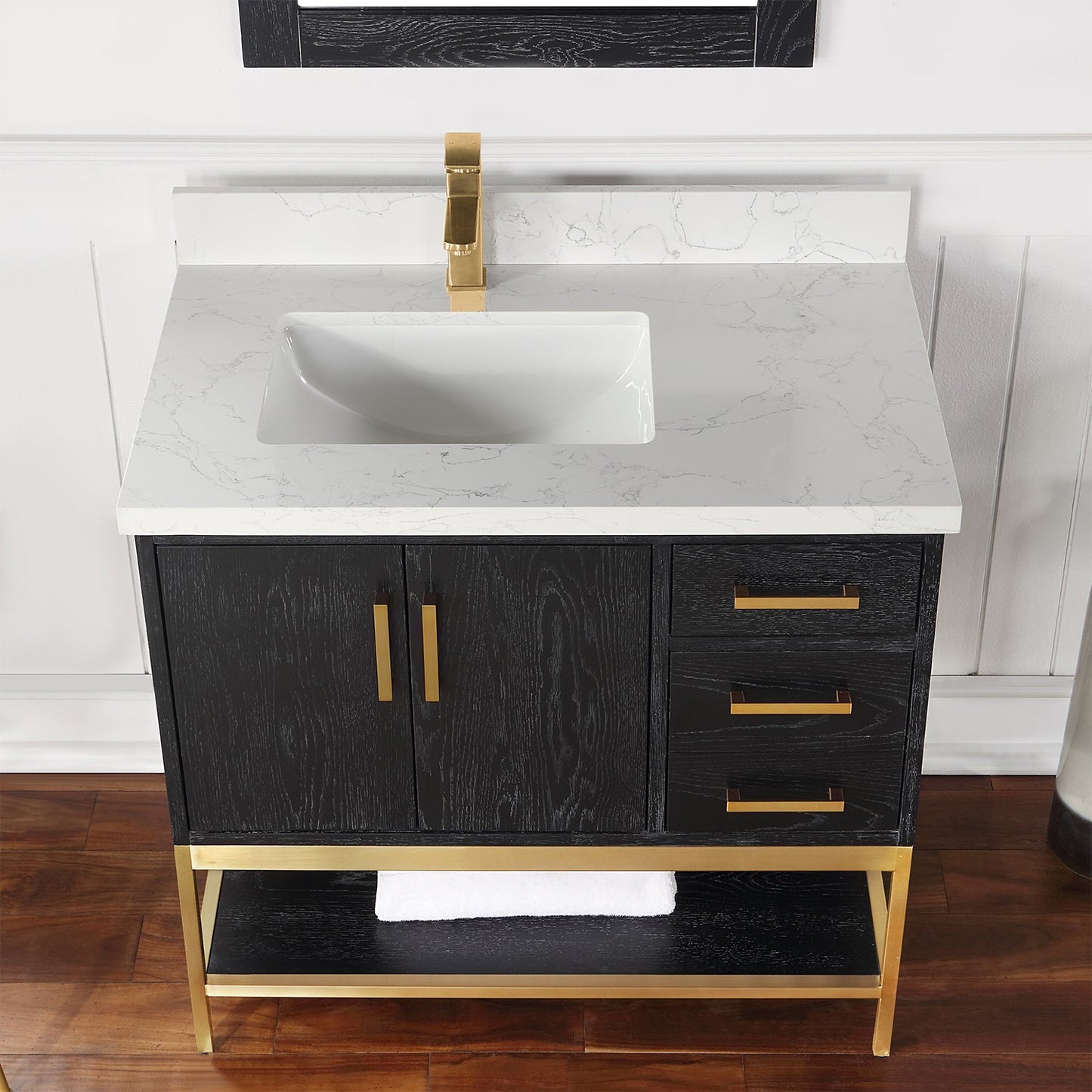 Wildy 36" Single Bathroom Vanity Set in Black Oak with Grain White Engineered Stone Countertop with Mirror