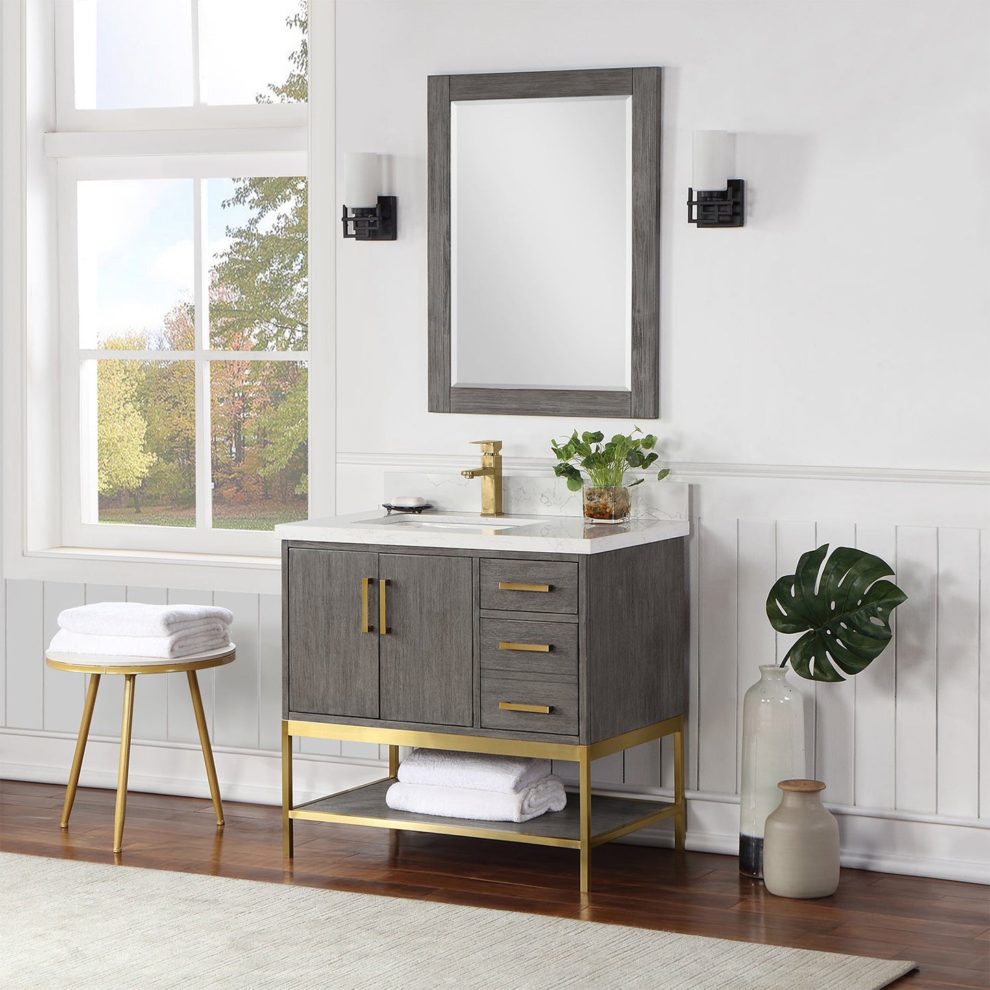 Wildy 36" Single Bathroom Vanity Set in Classical Grey with Grain White Engineered Stone Countertop with Mirror