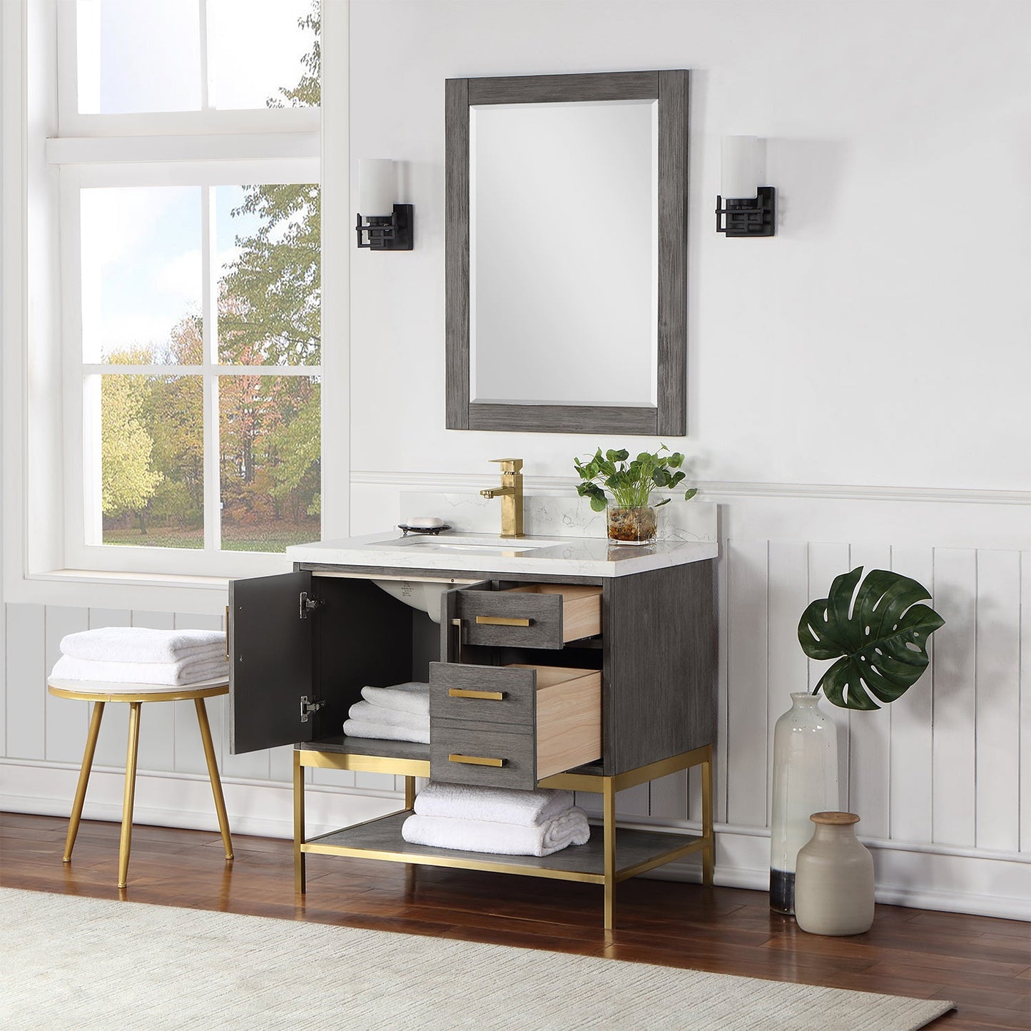 Wildy 36" Single Bathroom Vanity Set in Classical Grey with Grain White Engineered Stone Countertop with Mirror