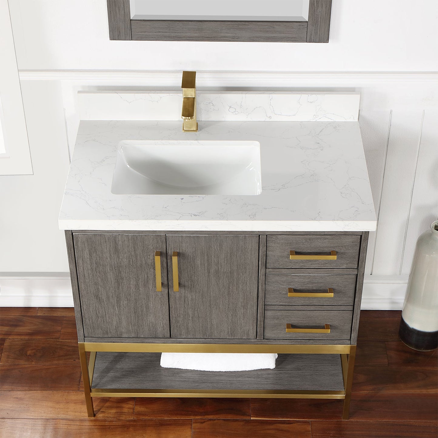 Wildy 36" Single Bathroom Vanity Set in Classical Grey with Grain White Engineered Stone Countertop with Mirror