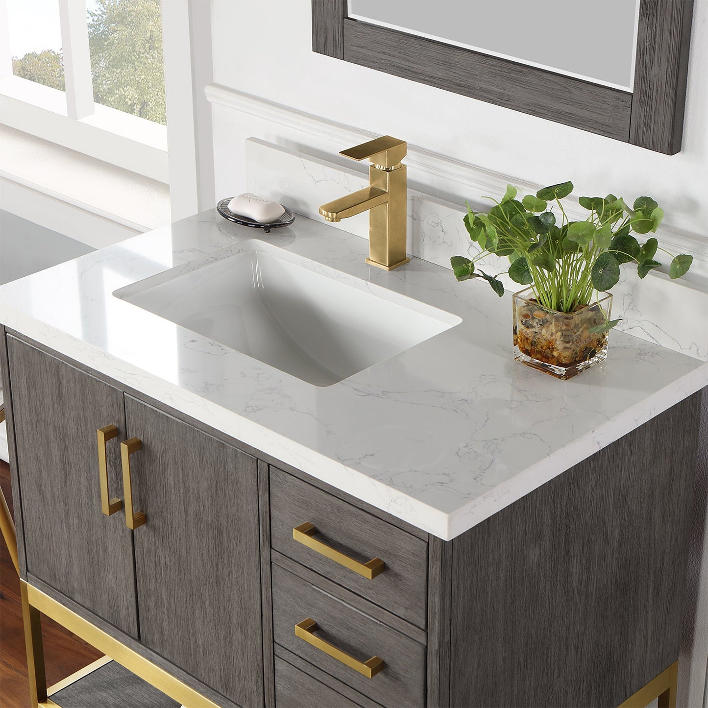 Wildy 36" Single Bathroom Vanity Set in Classical Grey with Grain White Engineered Stone Countertop with Mirror