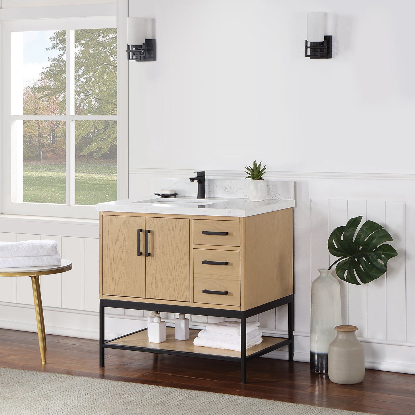 Wildy 36" Single Bathroom Vanity Set in Washed Oak with Grain White Engineered Stone Countertop without Mirror