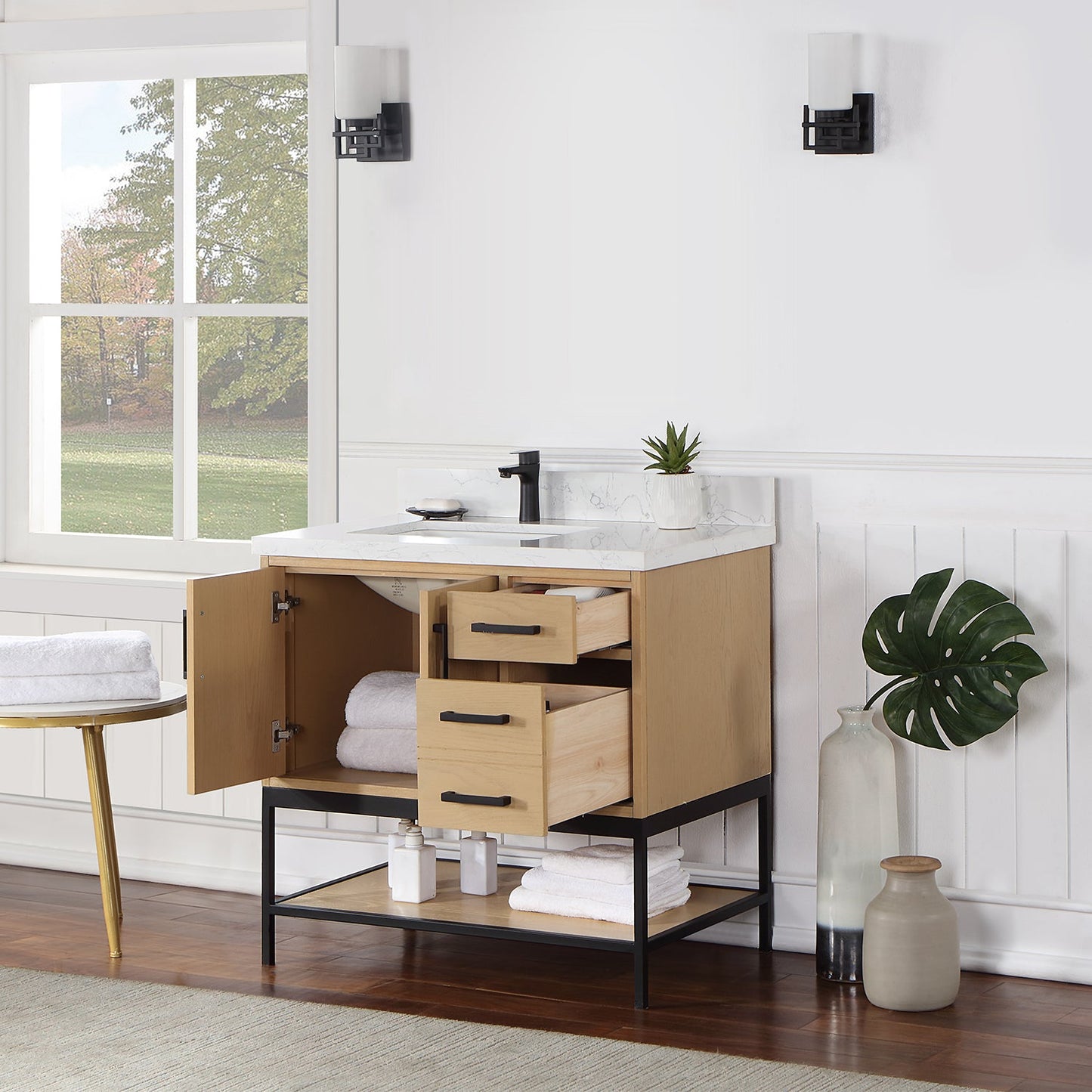 Wildy 36" Single Bathroom Vanity Set in Washed Oak with Grain White Engineered Stone Countertop without Mirror