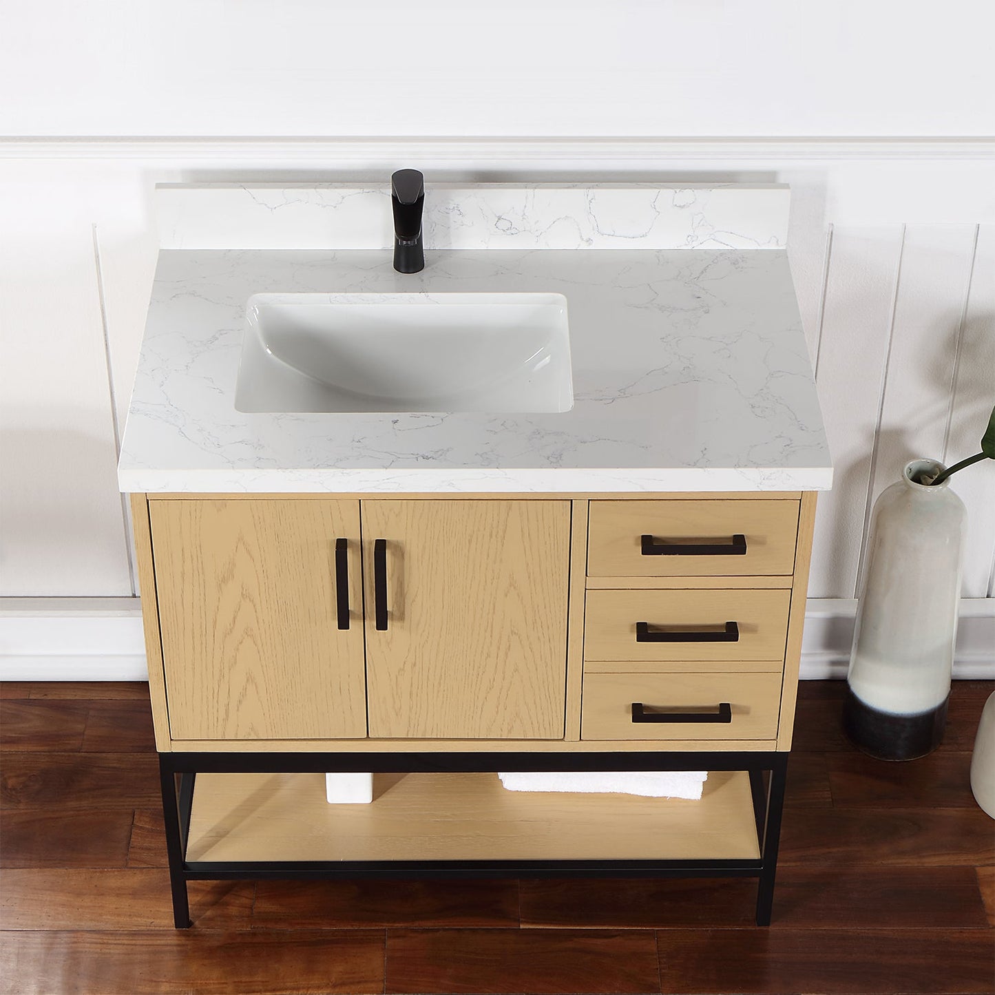 Wildy 36" Single Bathroom Vanity Set in Washed Oak with Grain White Engineered Stone Countertop without Mirror