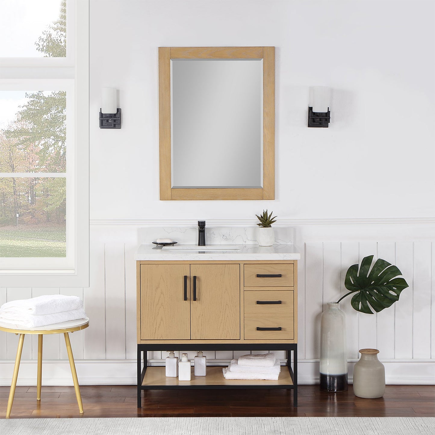 Wildy 36" Single Bathroom Vanity Set in Washed Oak with Grain White Engineered Stone Countertop with Mirror