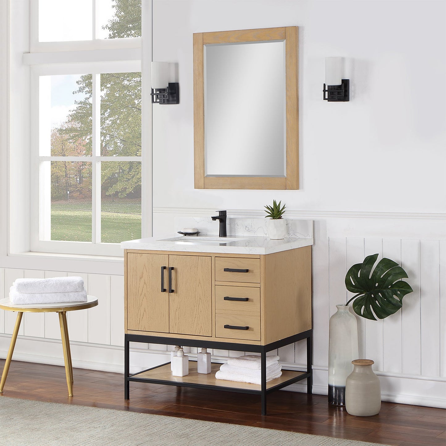 Wildy 36" Single Bathroom Vanity Set in Washed Oak with Grain White Engineered Stone Countertop with Mirror