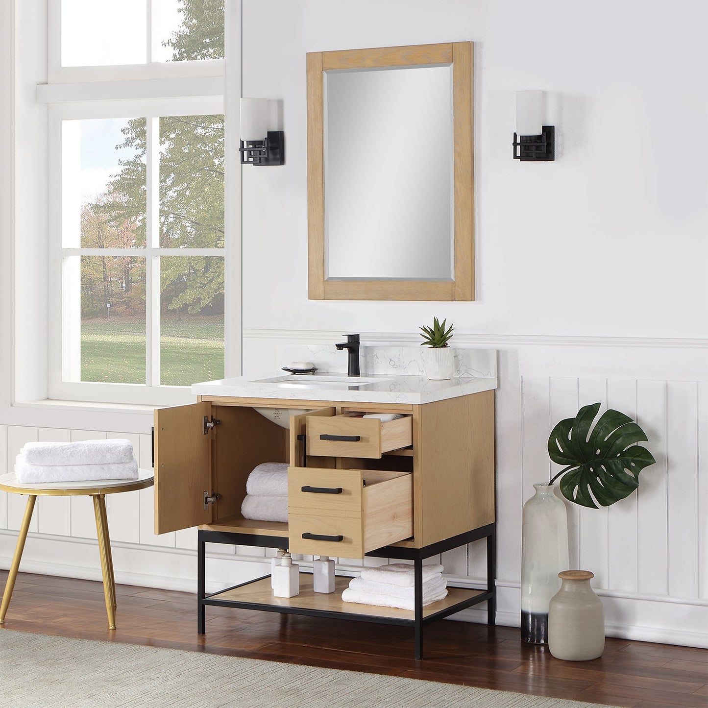 Wildy 36" Single Bathroom Vanity Set in Washed Oak with Grain White Engineered Stone Countertop with Mirror
