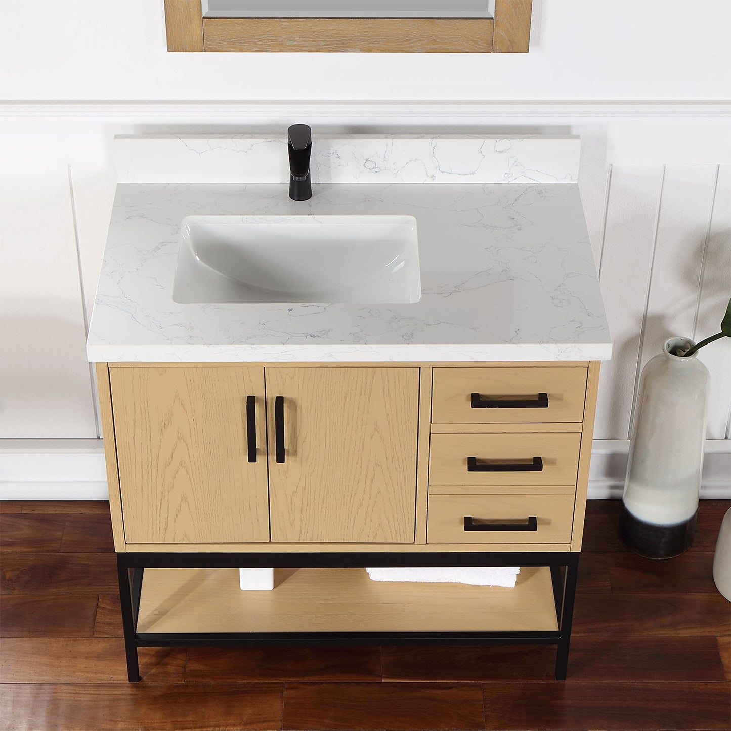 Wildy 36" Single Bathroom Vanity Set in Washed Oak with Grain White Engineered Stone Countertop with Mirror