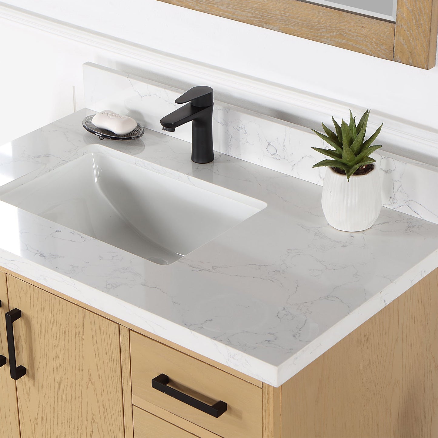 Wildy 36" Single Bathroom Vanity Set in Washed Oak with Grain White Engineered Stone Countertop with Mirror