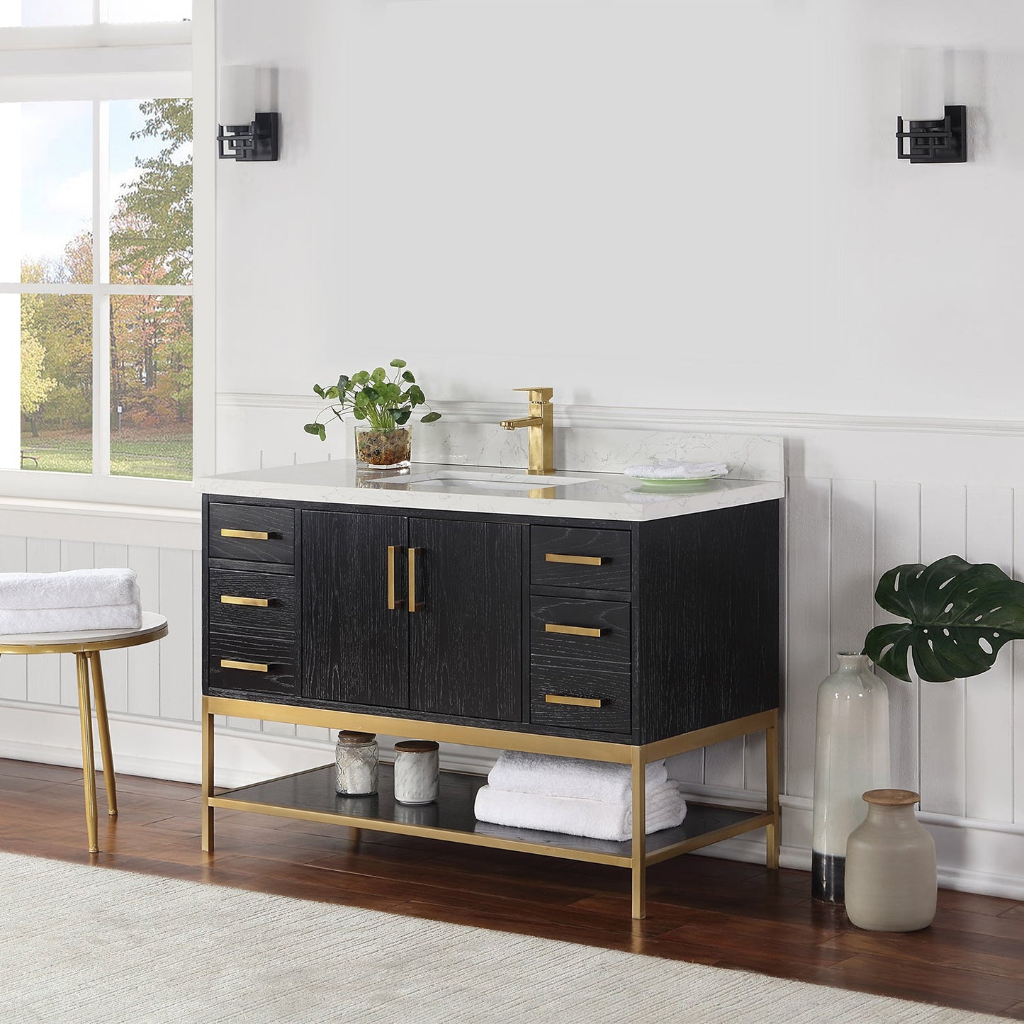Wildy 48" Single Bathroom Vanity Set in Black Oak with Grain White Engineered Stone Countertop without Mirror