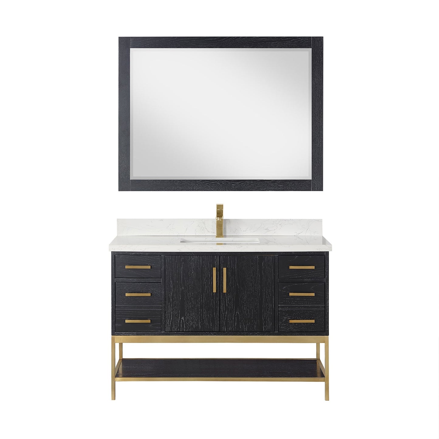 Wildy 48" Single Bathroom Vanity Set in Black Oak with Grain White Engineered Stone Countertop with Mirror