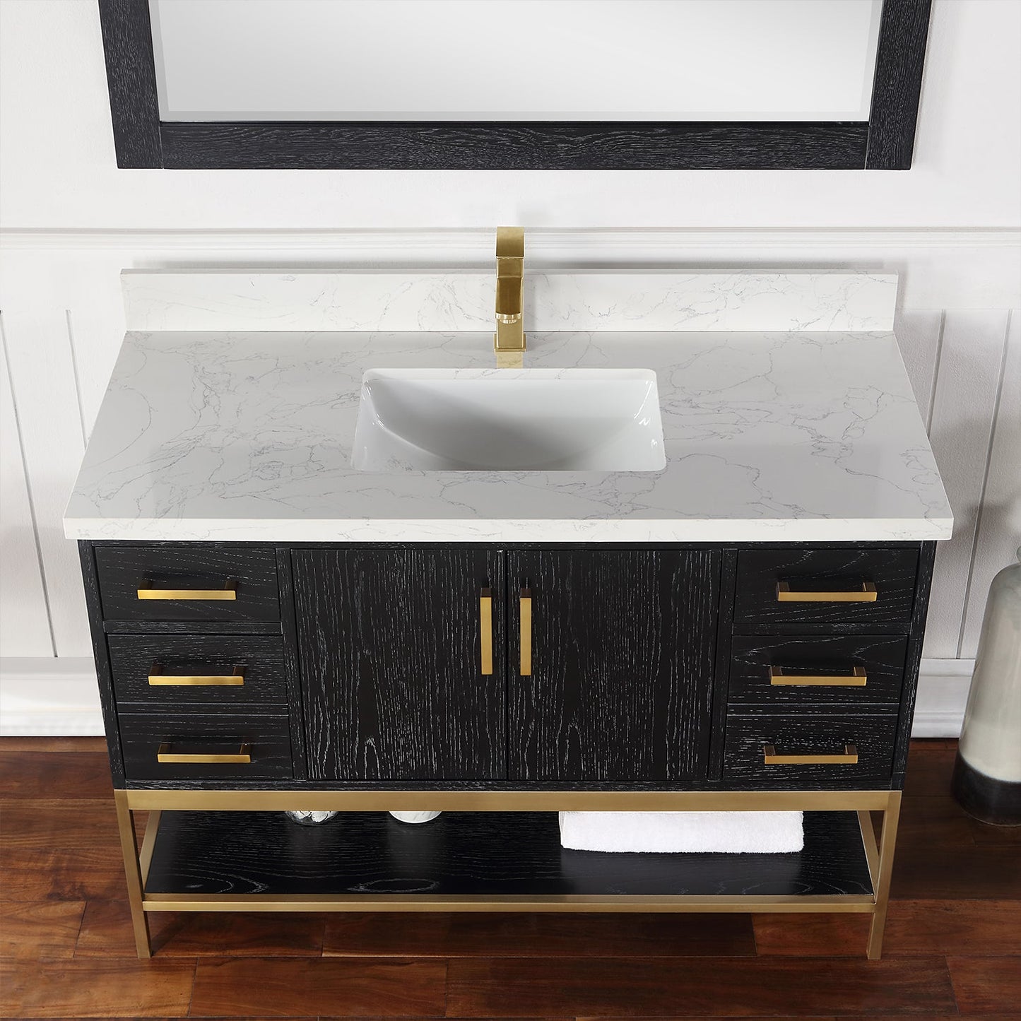 Wildy 48" Single Bathroom Vanity Set in Black Oak with Grain White Engineered Stone Countertop with Mirror