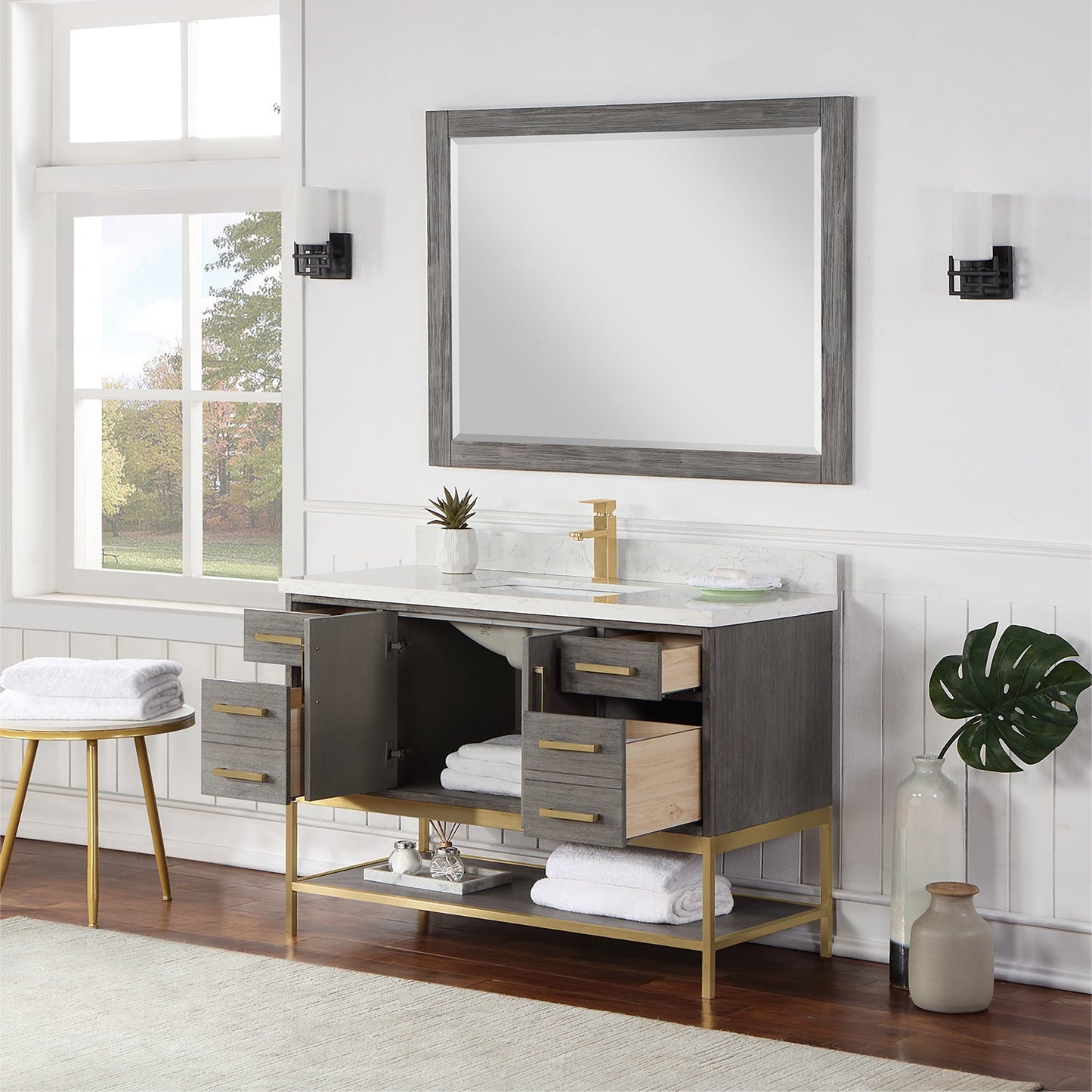 Wildy 48" Single Bathroom Vanity Set in Classical Grey with Grain White Engineered Stone Countertop with Mirror