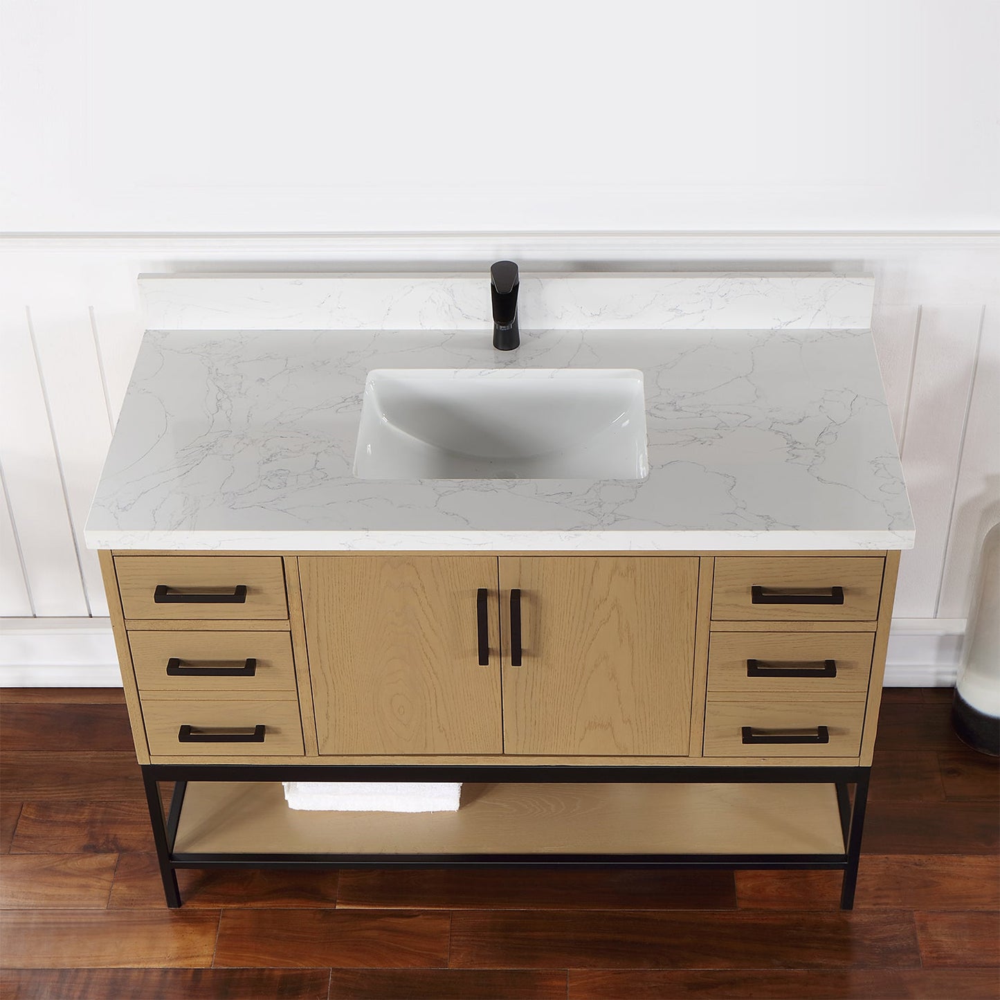 Wildy 48" Single Bathroom Vanity Set in Washed Oak with Grain White Engineered Stone Countertop without Mirror