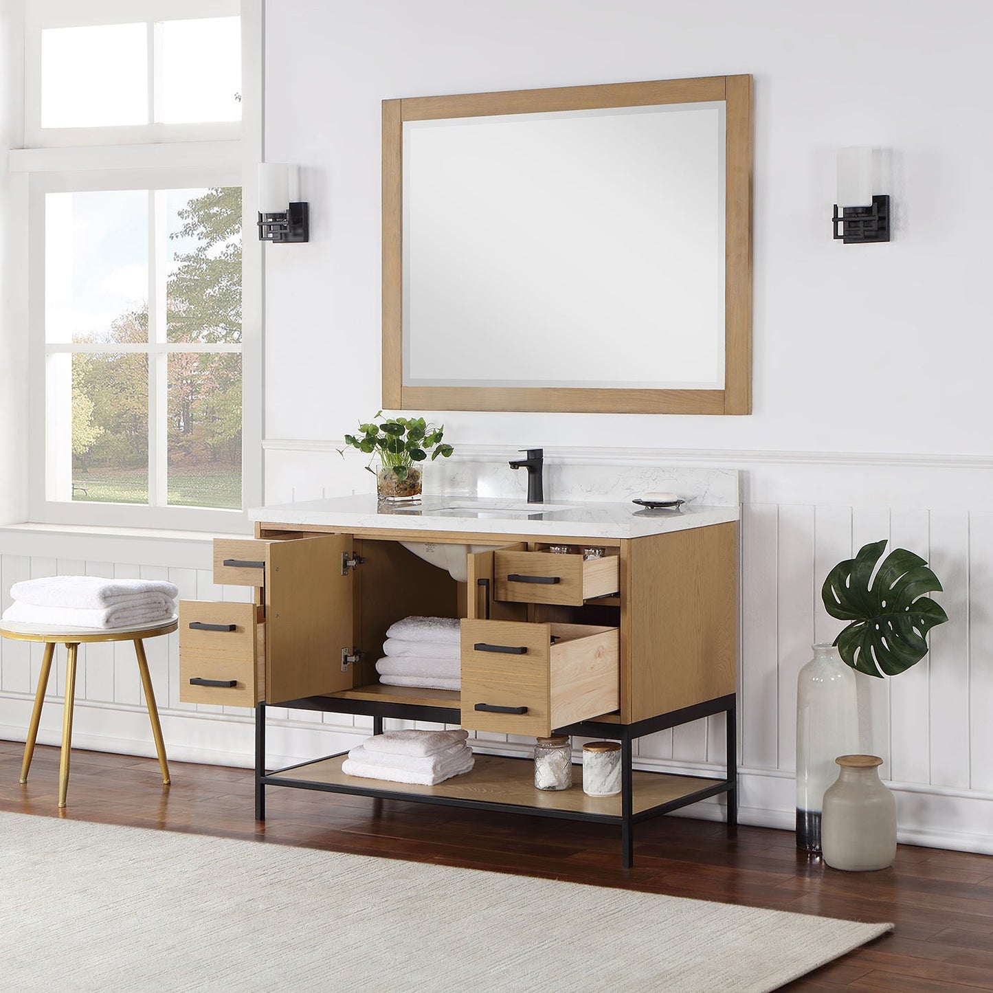Wildy 48" Single Bathroom Vanity Set in Washed Oak with Grain White Engineered Stone Countertop with Mirror