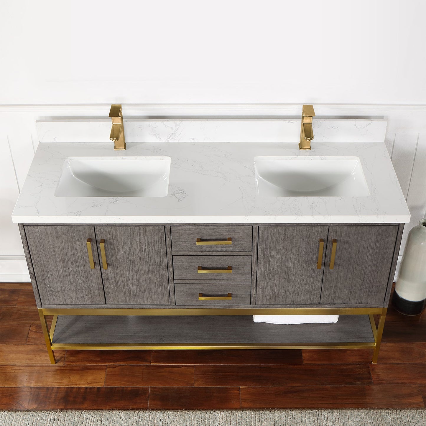 Wildy 60" Double Bathroom Vanity Set in Classical Grey with Grain White Engineered Stone Countertop without Mirror