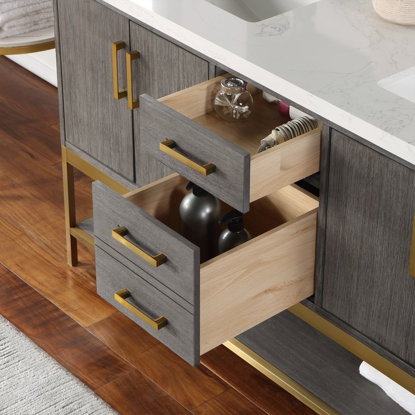 Wildy 60" Double Bathroom Vanity Set in Classical Grey with Grain White Engineered Stone Countertop without Mirror