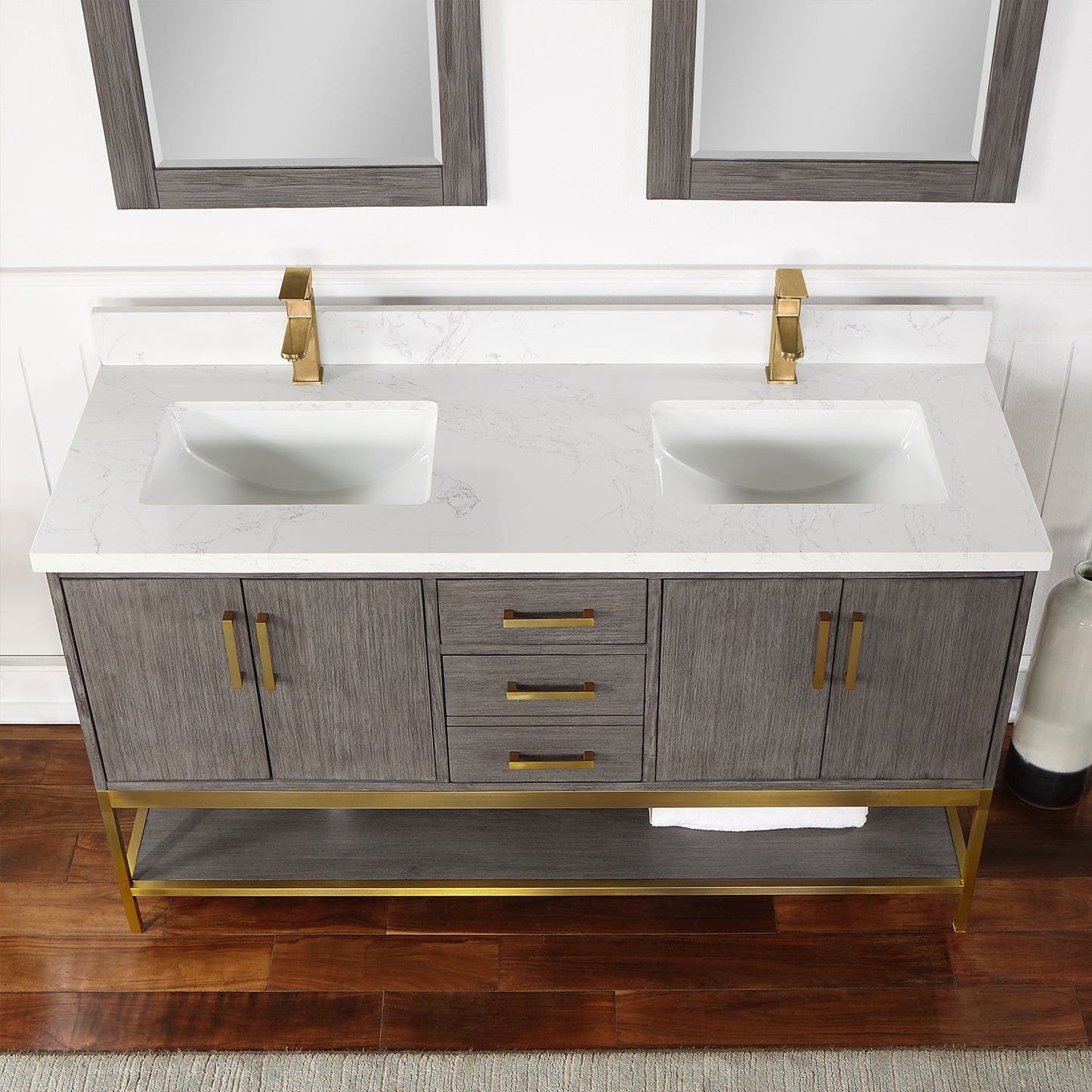 Wildy 60" Double Bathroom Vanity Set in Classical Grey with Grain White Engineered Stone Countertop with Mirror