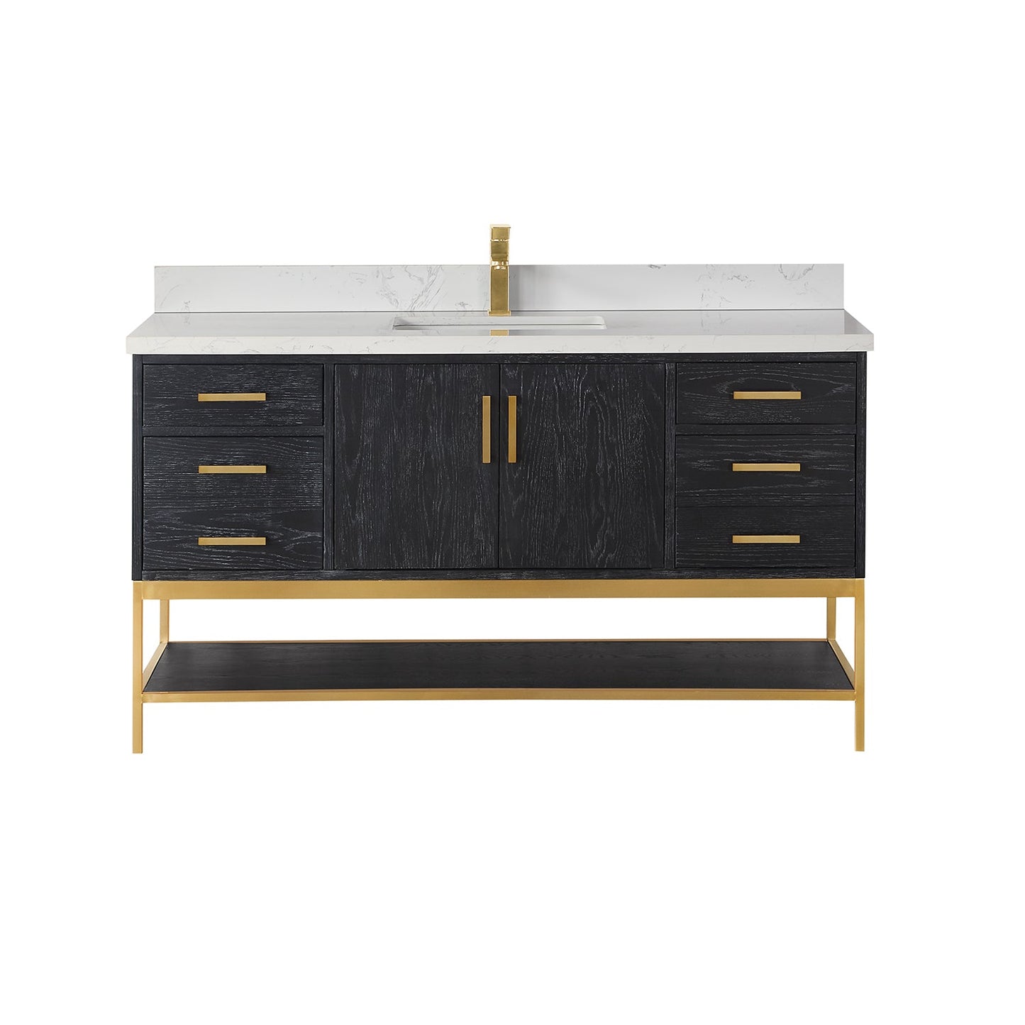 Wildy 60" Single Bathroom Vanity Set in Black Oak with Grain White Engineered Stone Countertop without Mirror