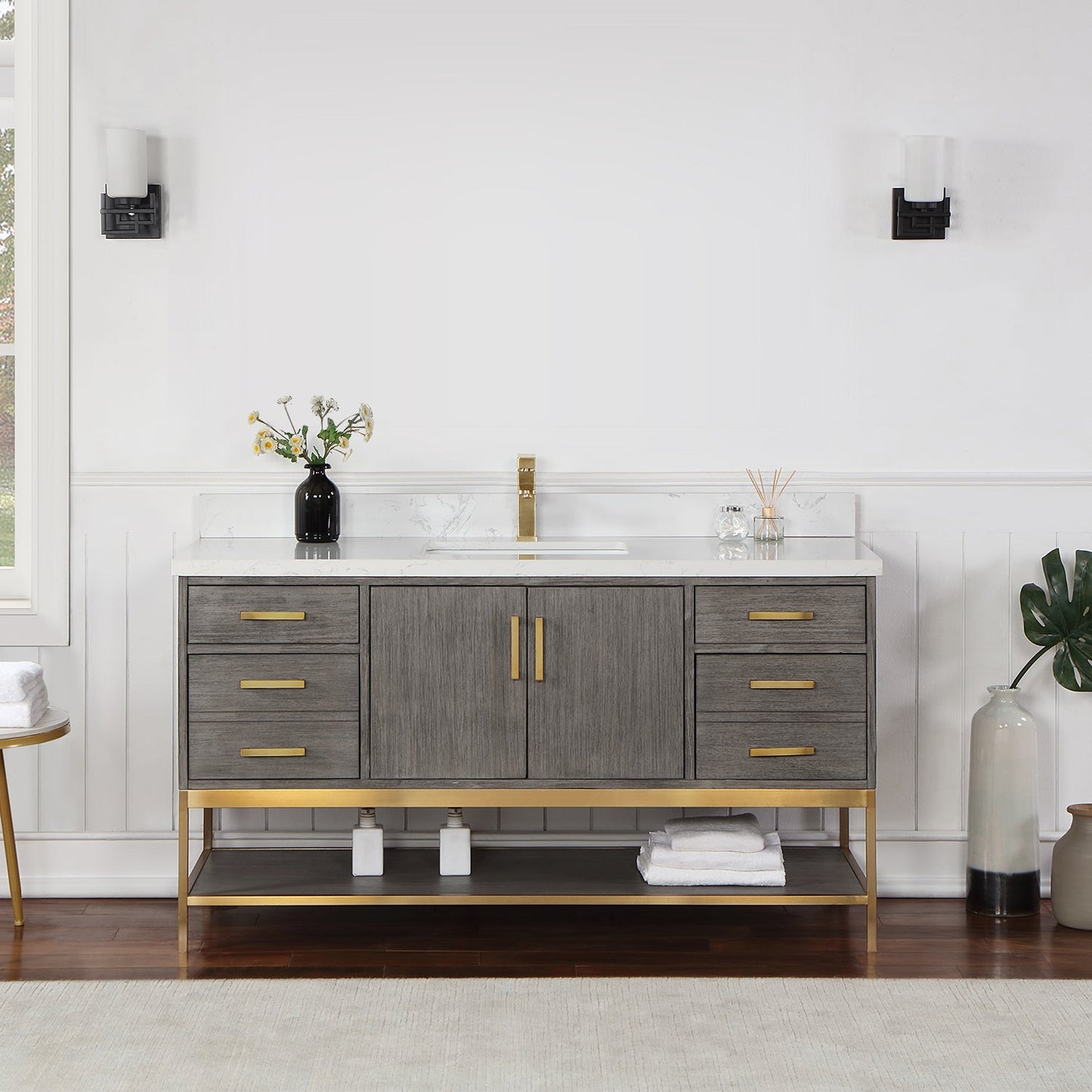 Wildy 60" Single Bathroom Vanity Set in Classical Grey with Grain White Engineered Stone Countertop without Mirror
