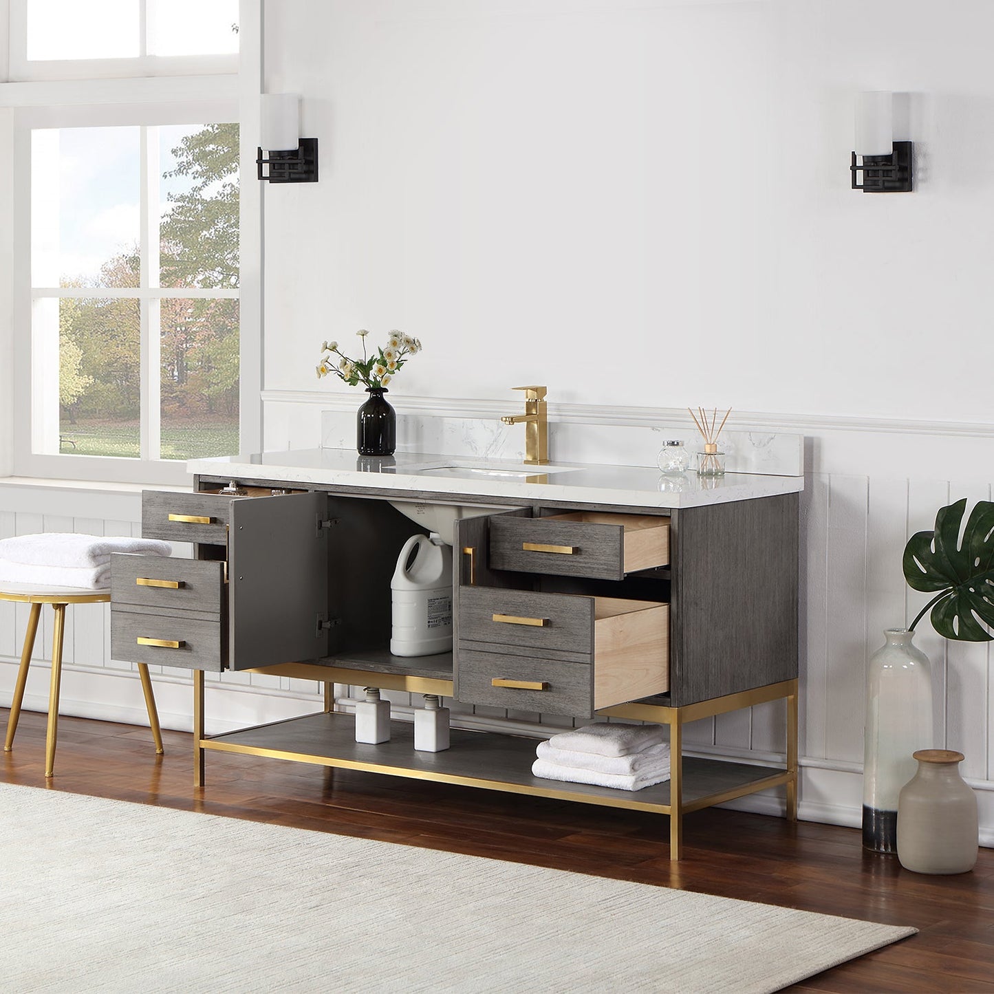 Wildy 60" Single Bathroom Vanity Set in Classical Grey with Grain White Engineered Stone Countertop without Mirror