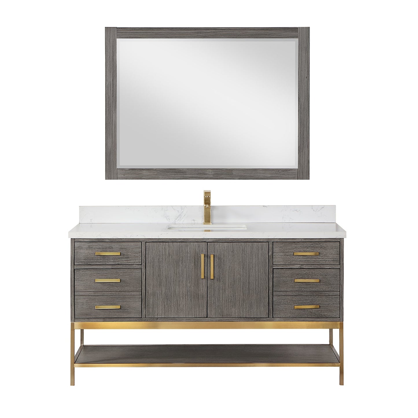 Wildy 60" Single Bathroom Vanity Set in Classical Grey with Grain White Engineered Stone Countertop with Mirror
