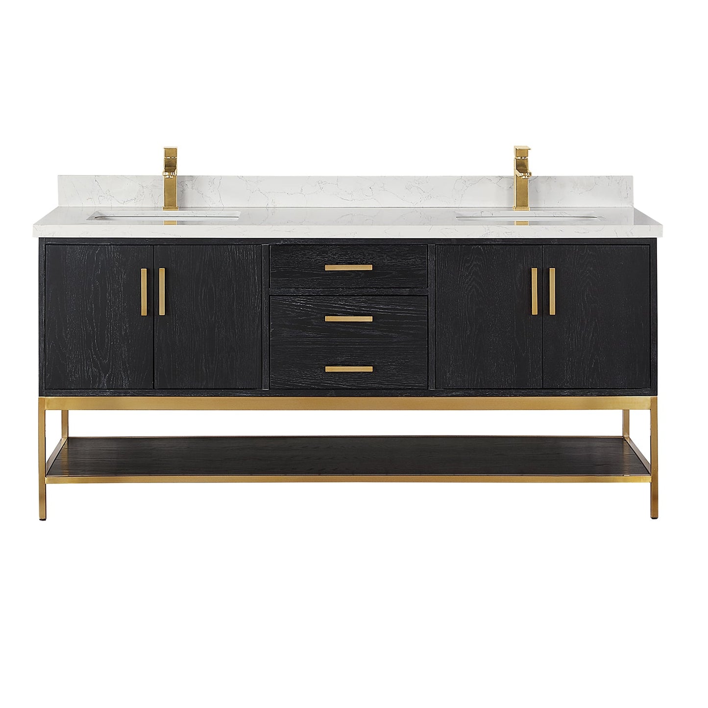 Wildy 72" Double Bathroom Vanity Set in Black Oak with Grain White Engineered Stone Countertop without Mirror