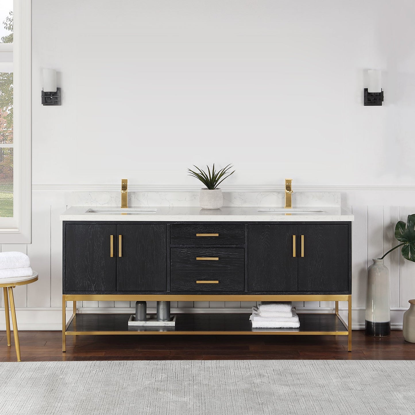 Wildy 72" Double Bathroom Vanity Set in Black Oak with Grain White Engineered Stone Countertop without Mirror