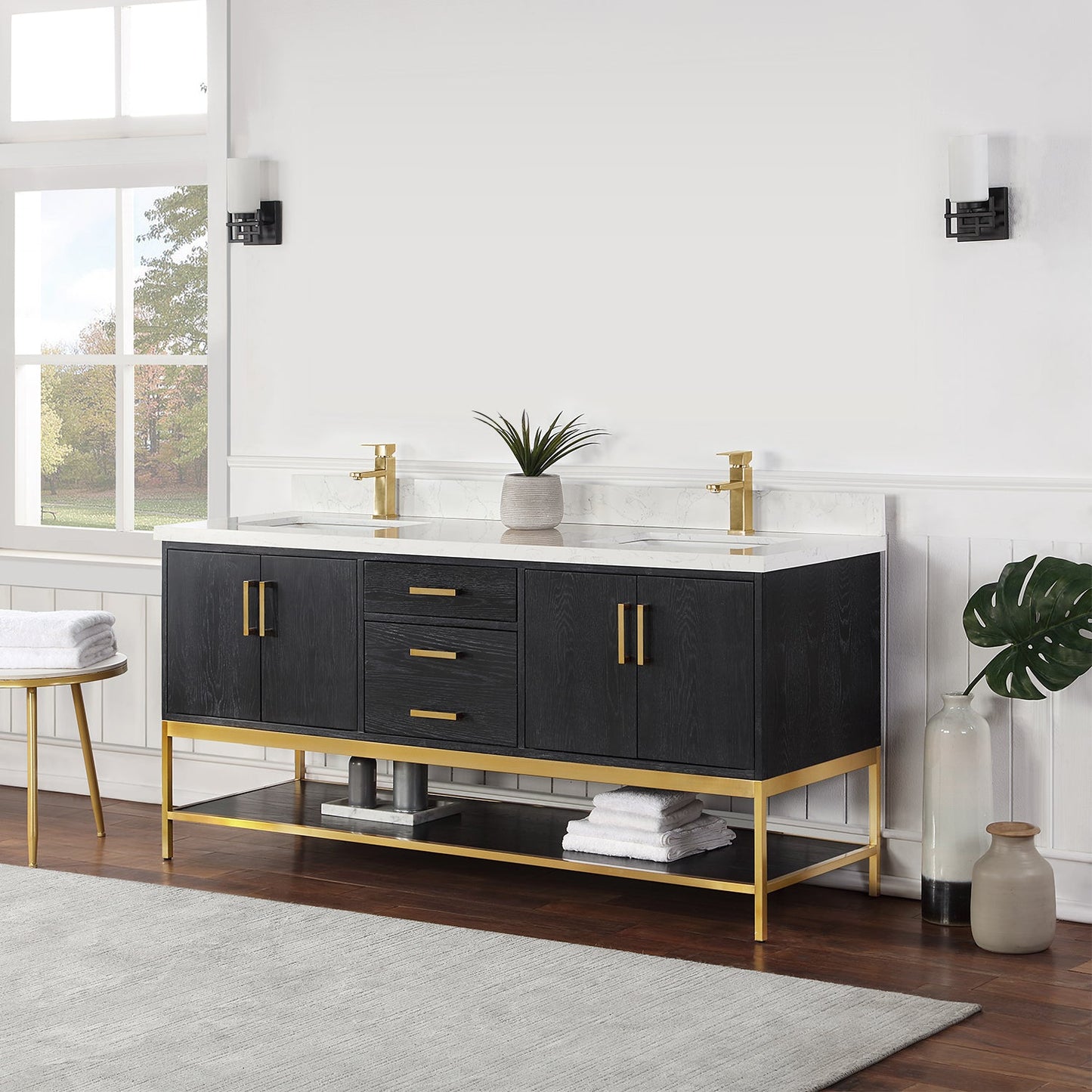 Wildy 72" Double Bathroom Vanity Set in Black Oak with Grain White Engineered Stone Countertop without Mirror