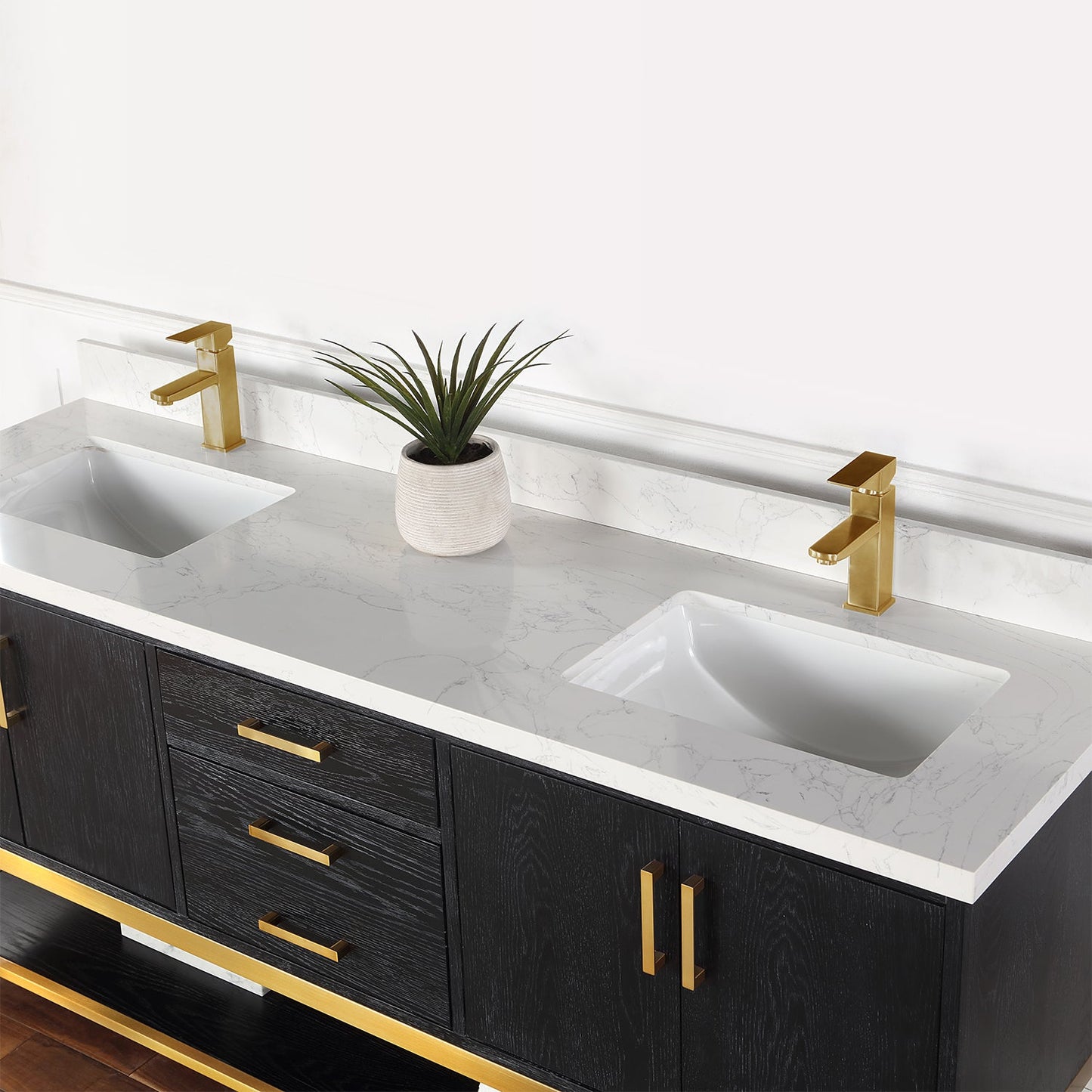 Wildy 72" Double Bathroom Vanity Set in Black Oak with Grain White Engineered Stone Countertop without Mirror
