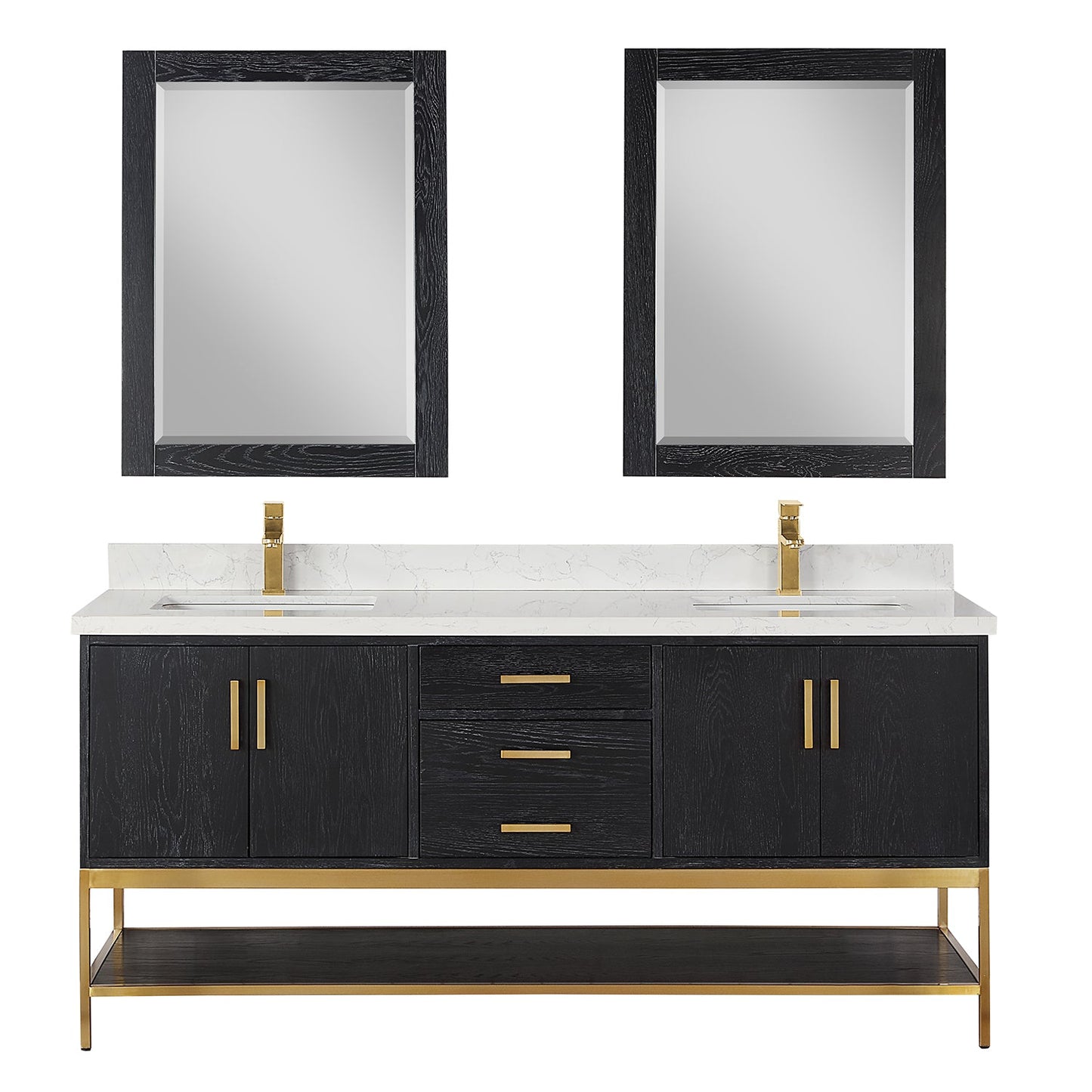 Wildy 72" Double Bathroom Vanity Set in Black Oak with Grain White Engineered Stone Countertop with Mirror