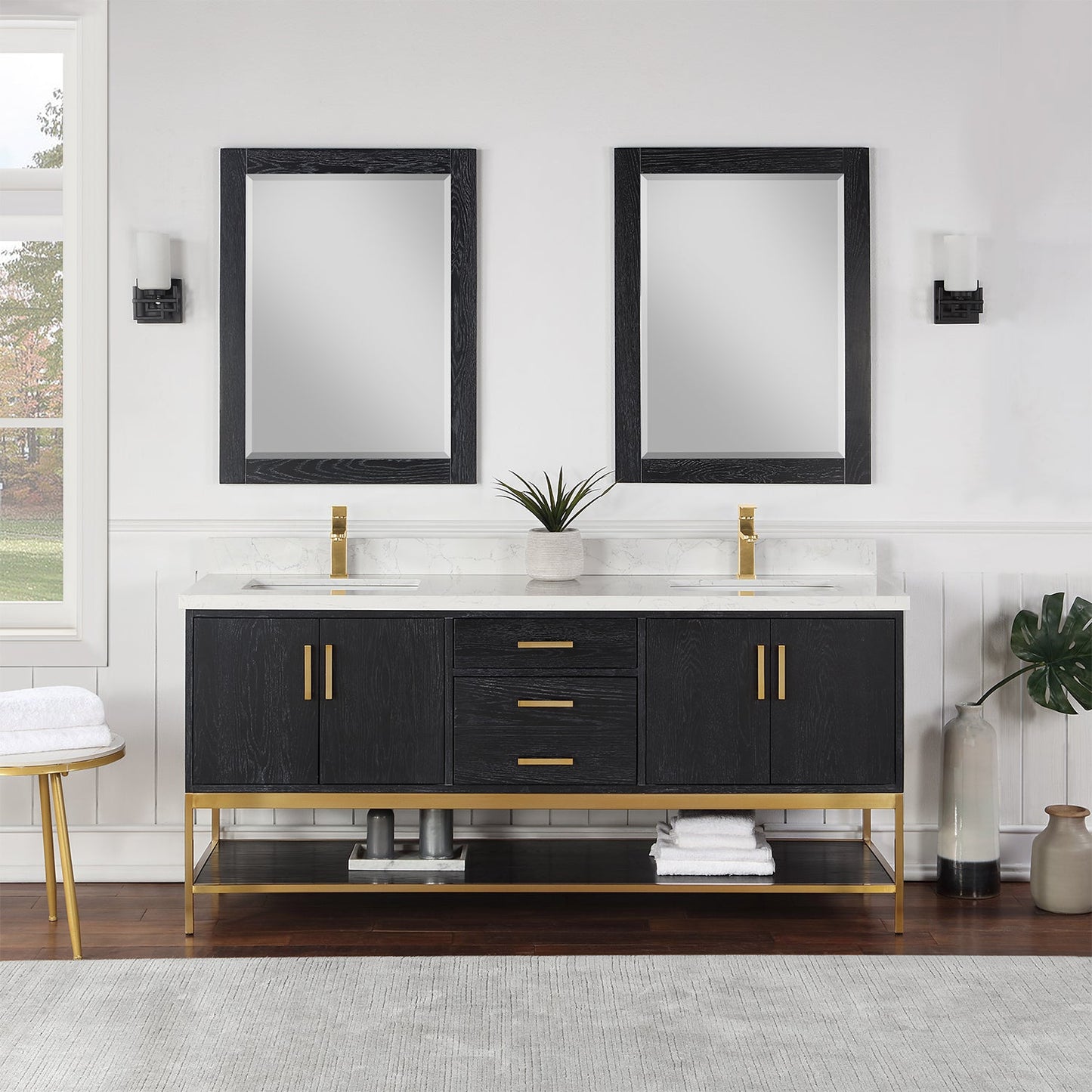 Wildy 72" Double Bathroom Vanity Set in Black Oak with Grain White Engineered Stone Countertop with Mirror