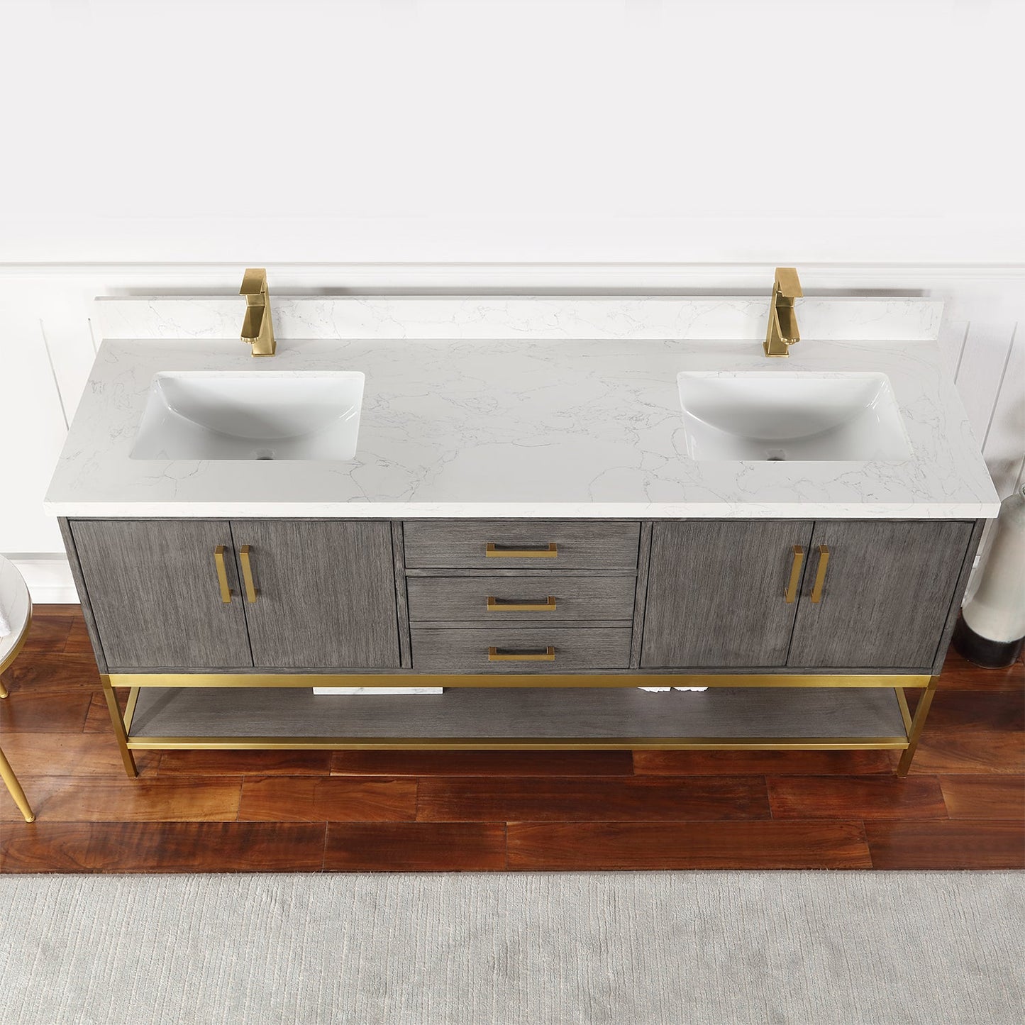 Wildy 72" Double Bathroom Vanity Set in Classical Grey with Grain White Engineered Stone Countertop without Mirror