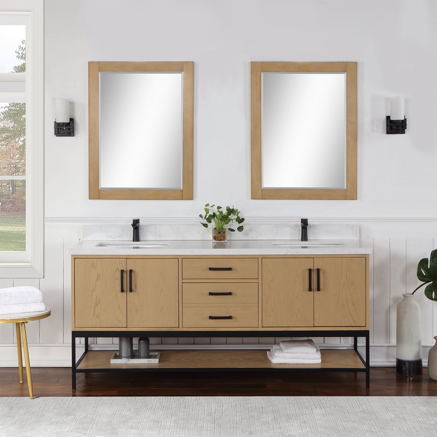 Wildy 72" Double Bathroom Vanity Set in Washed Oak with Grain White Engineered Stone Countertop with Mirror