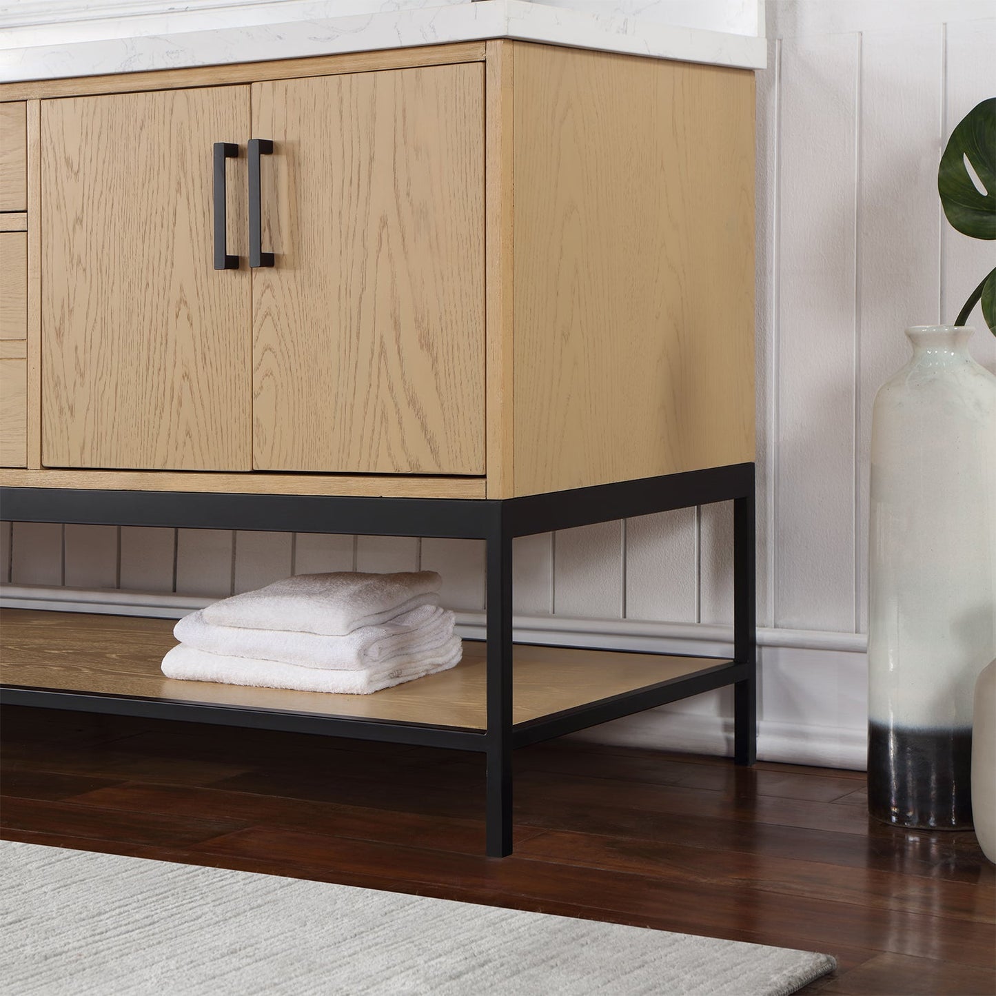 Wildy 72" Double Bathroom Vanity Set in Washed Oak with Grain White Engineered Stone Countertop with Mirror