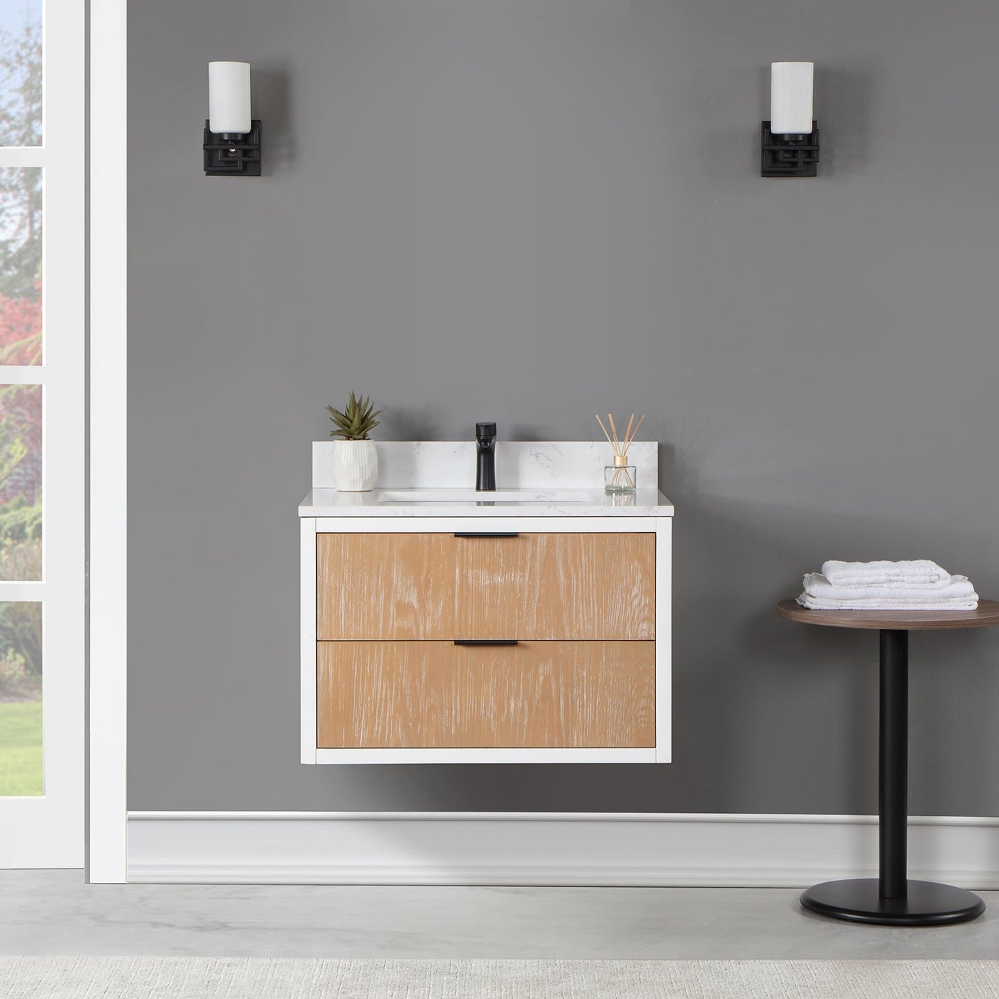 Dione 30" Single Bathroom Vanity in Weathered Pine with Aosta White Engineered Stone Countertop without Mirror