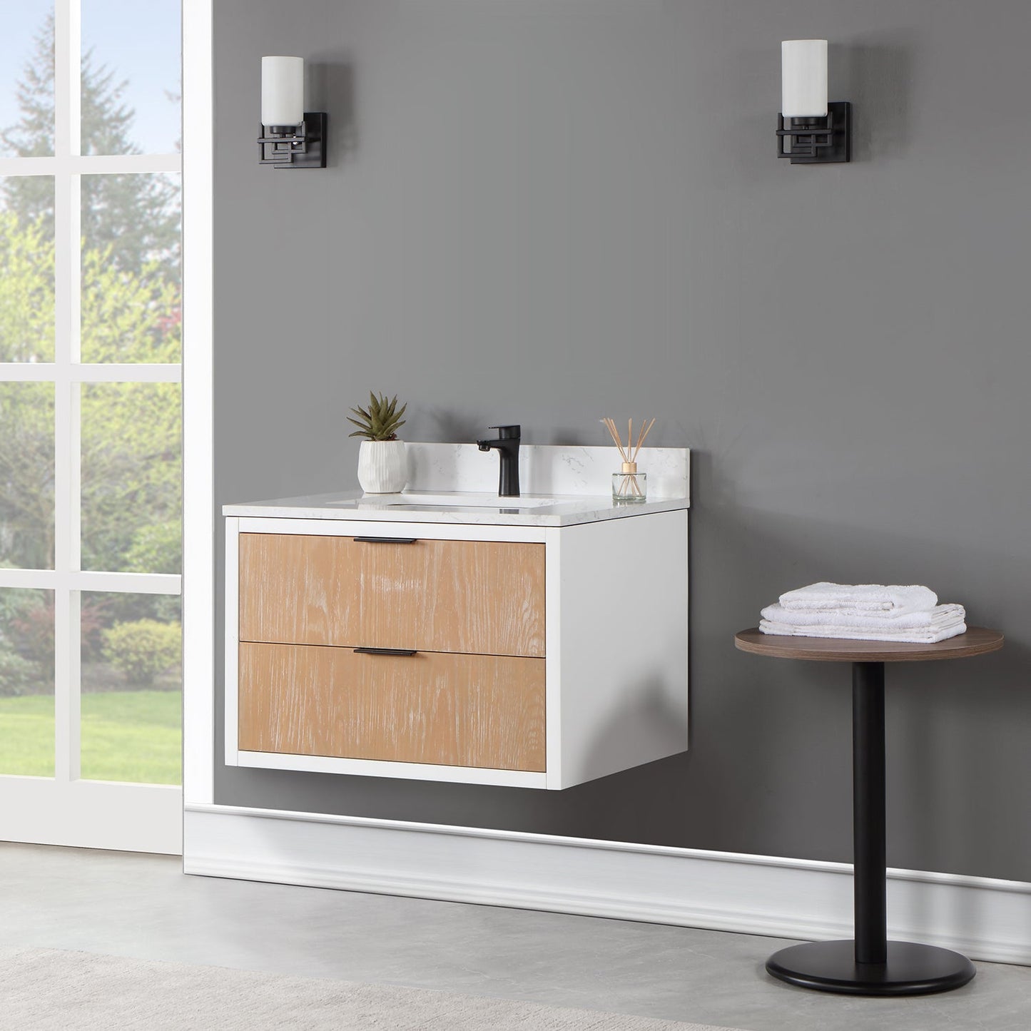 Dione 30" Single Bathroom Vanity in Weathered Pine with Aosta White Engineered Stone Countertop without Mirror