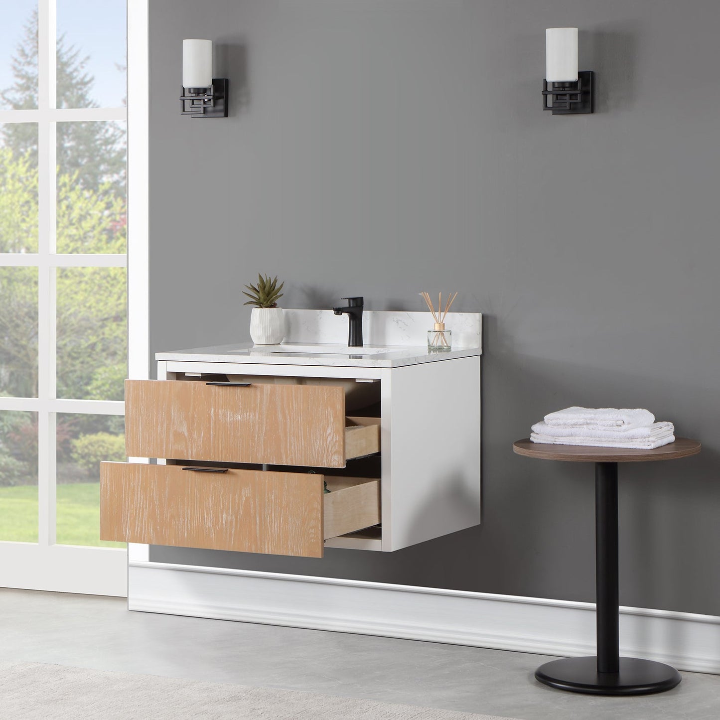 Dione 30" Single Bathroom Vanity in Weathered Pine with Aosta White Engineered Stone Countertop without Mirror