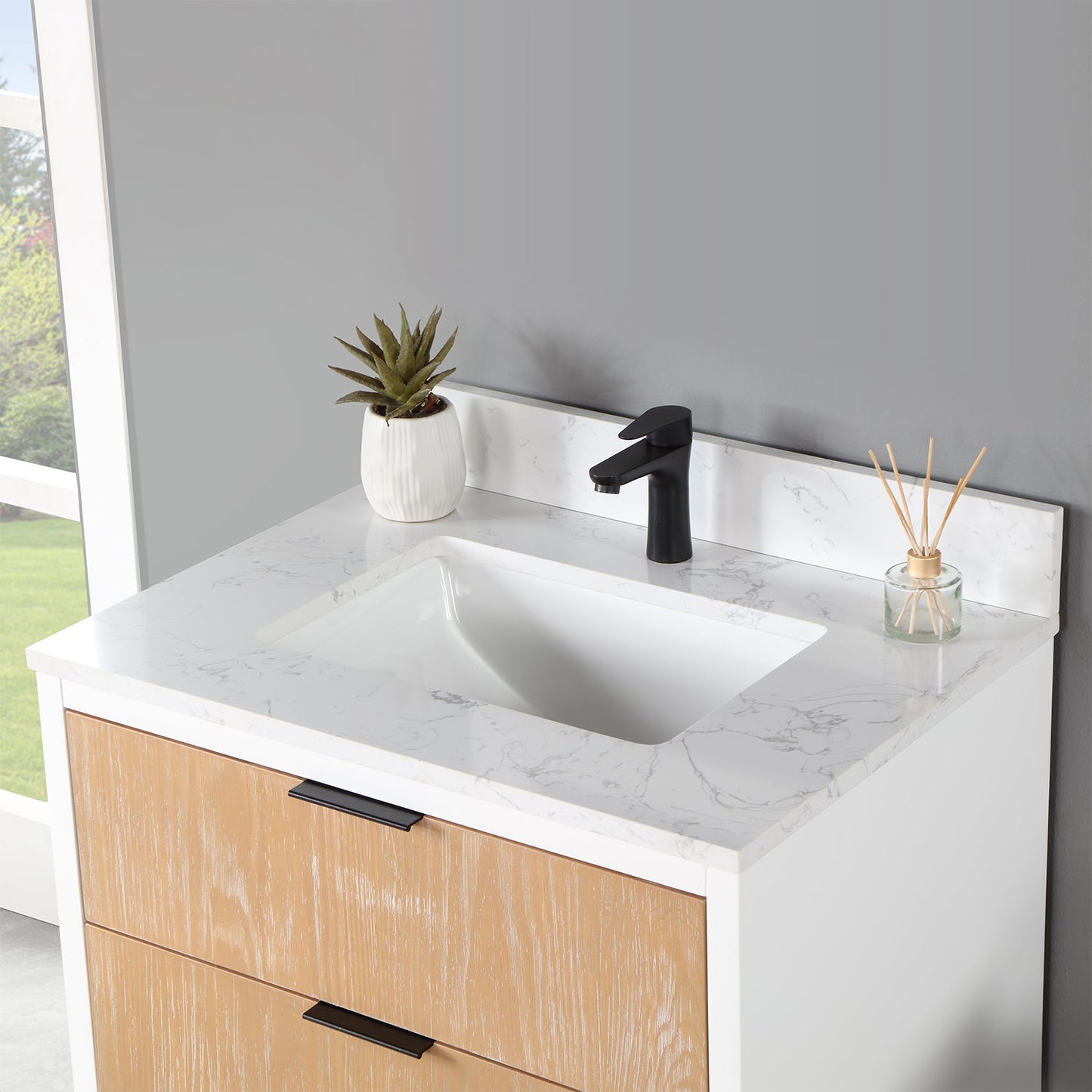 Dione 30" Single Bathroom Vanity in Weathered Pine with Aosta White Engineered Stone Countertop without Mirror