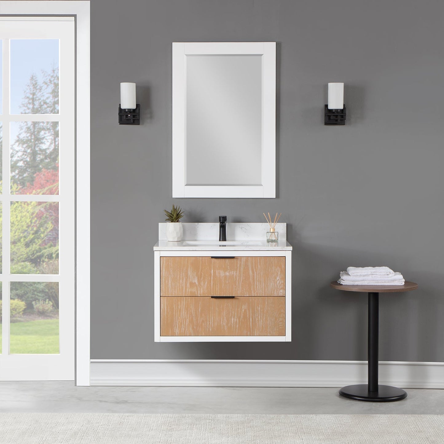 Dione 30" Single Bathroom Vanity in Weathered Pine with Aosta White Engineered Stone Countertop with Mirror